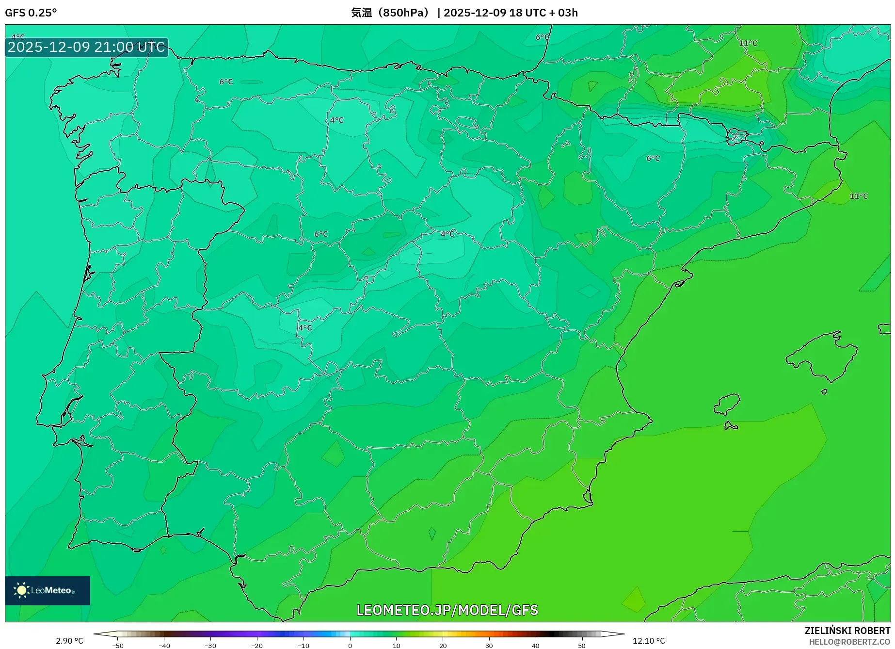 GFS model - スペイン, 気温（850hPa）