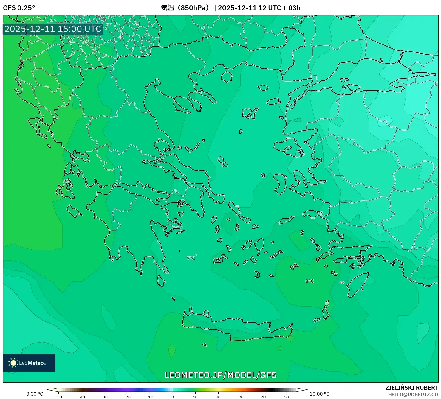 GFS model - ギリシャ, 気温（850hPa）