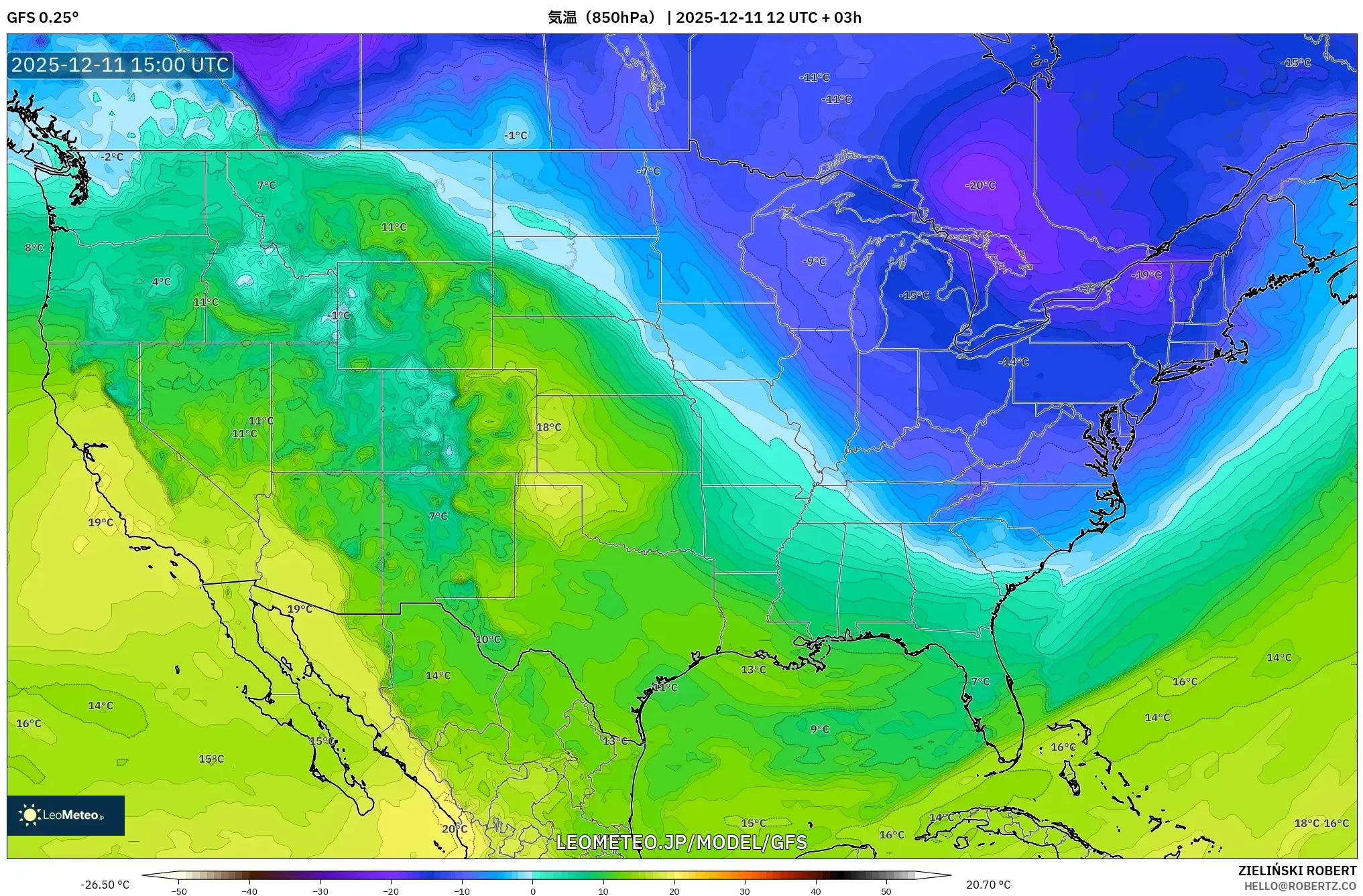 GFS model - アメリカ合衆国, 気温（850hPa）