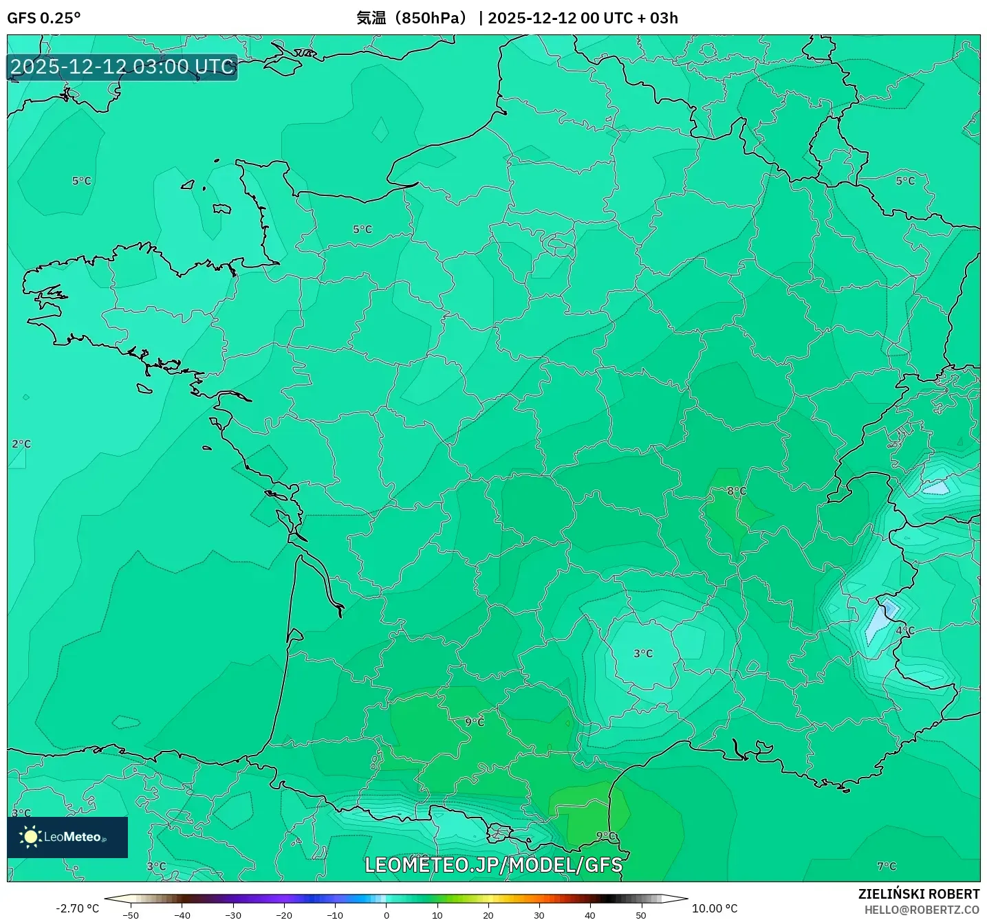 GFS model - フランス, 気温（850hPa）