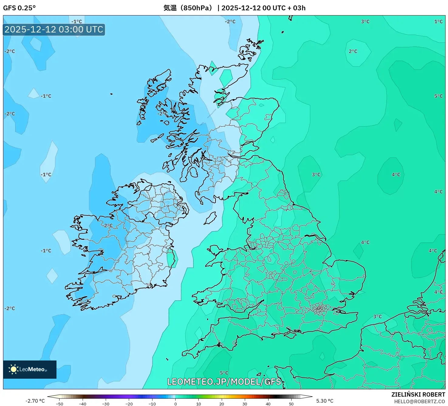 GFS model - イギリス, 気温（850hPa）