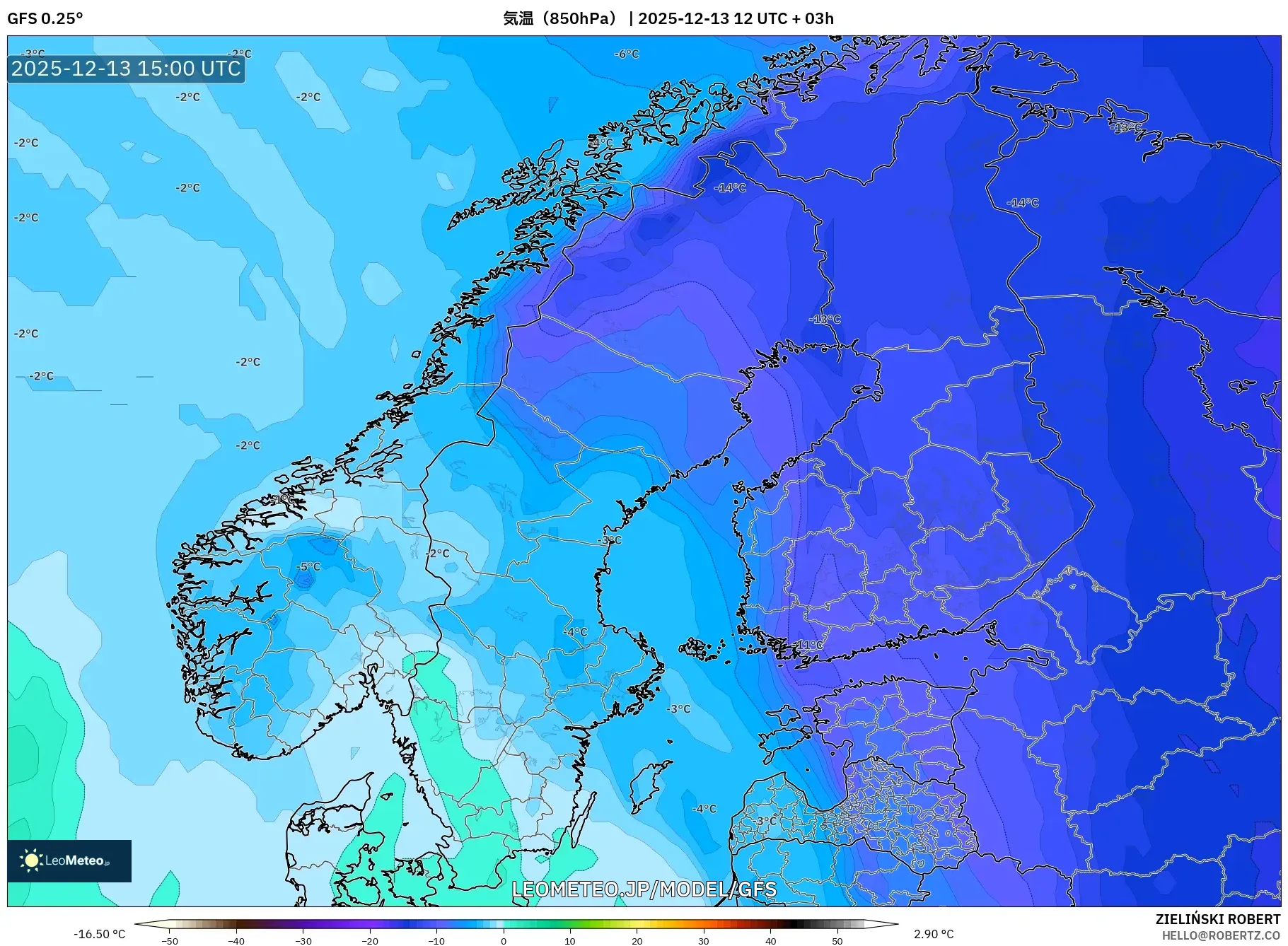GFS model - スカンジナビア, 気温（850hPa）