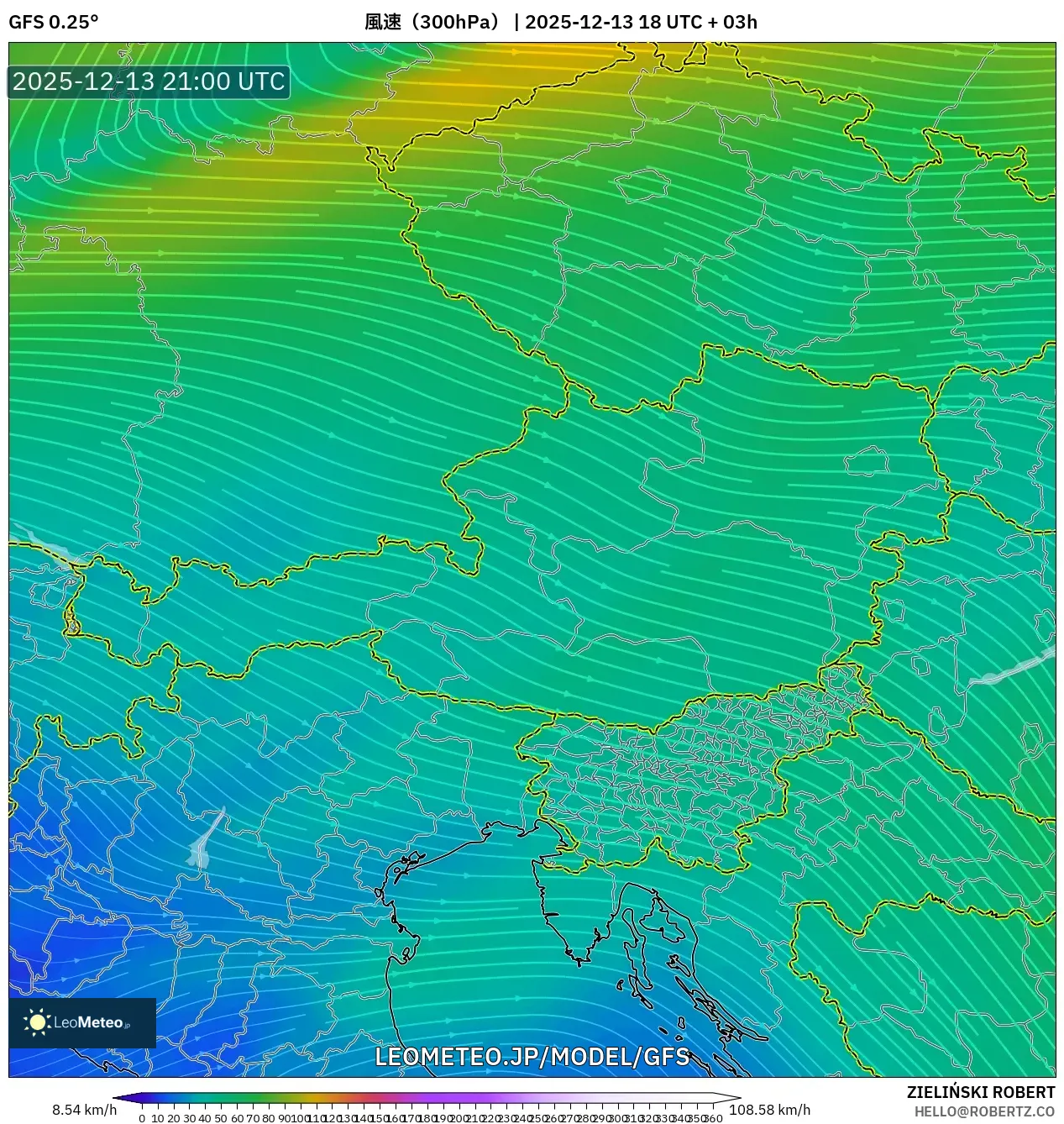 GFS model - オーストリア, 風速（300hPa）