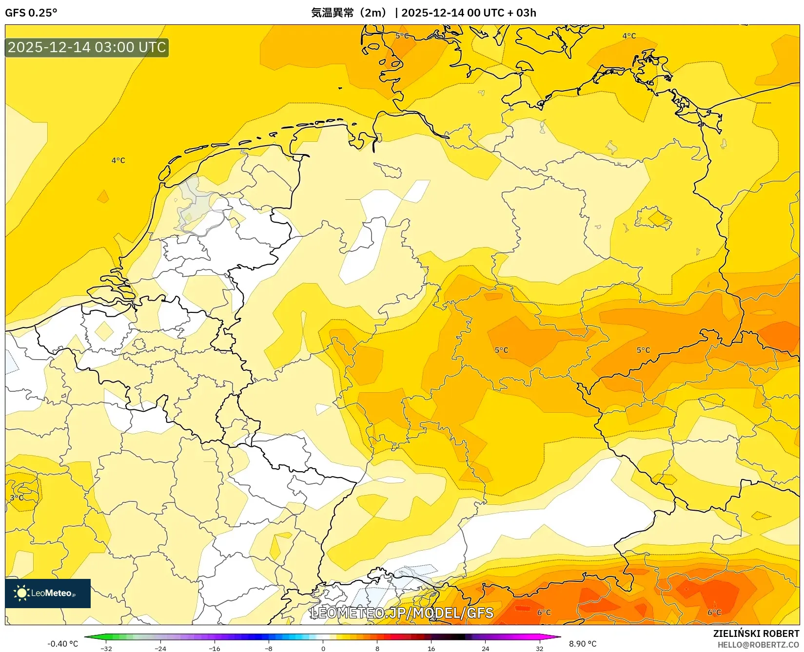 GFS model - ドイツ, 気温異常（2m）