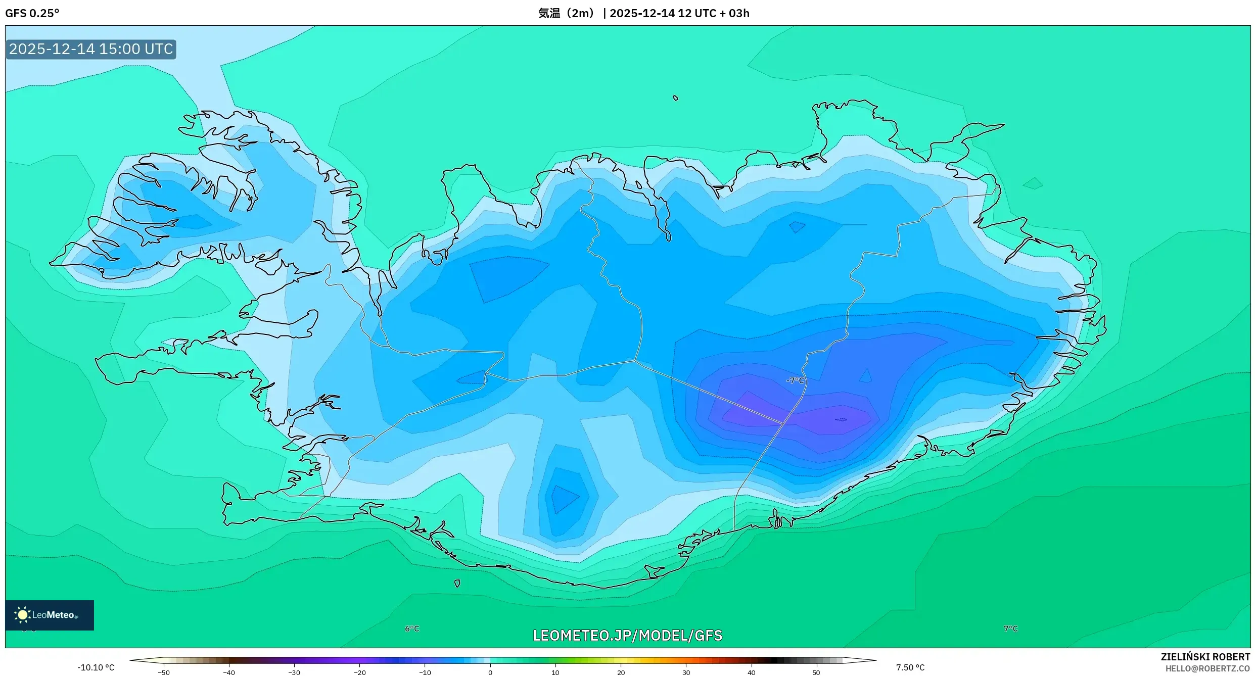 GFS model - アイスランド, 気温（2m）