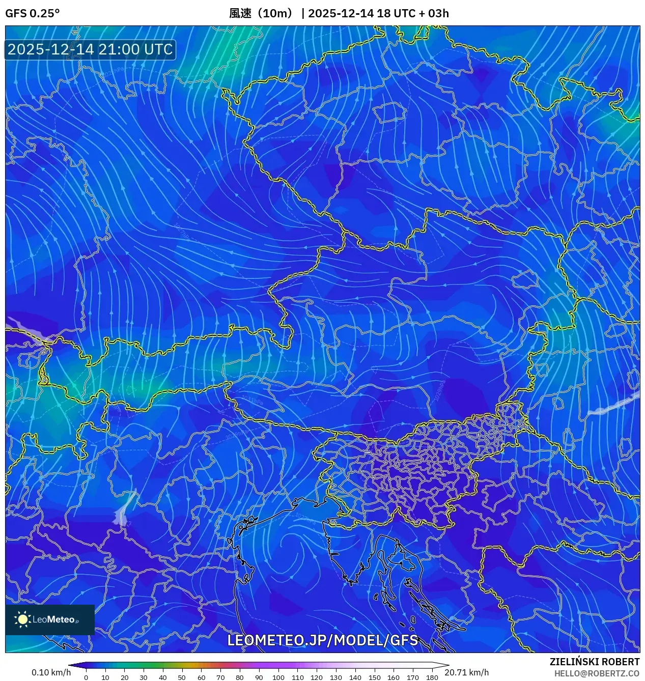 GFS model - オーストリア, 風速（10m）