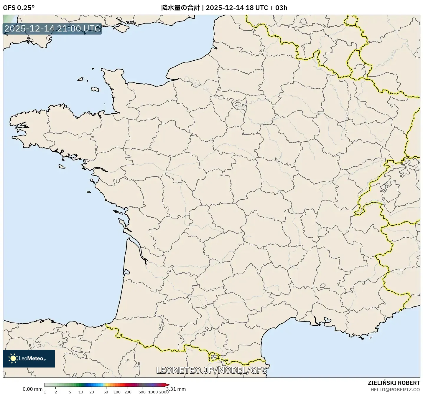 GFS model - フランス, 降水量の合計