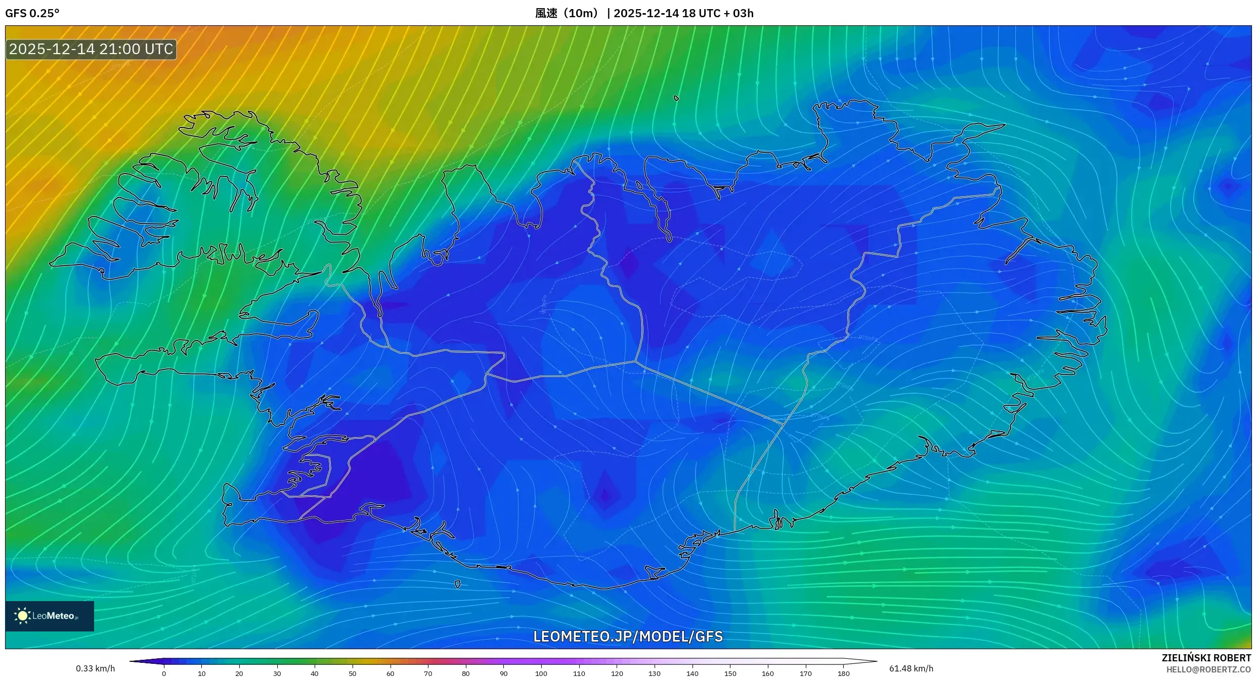 GFS model - アイスランド, 風速（10m）