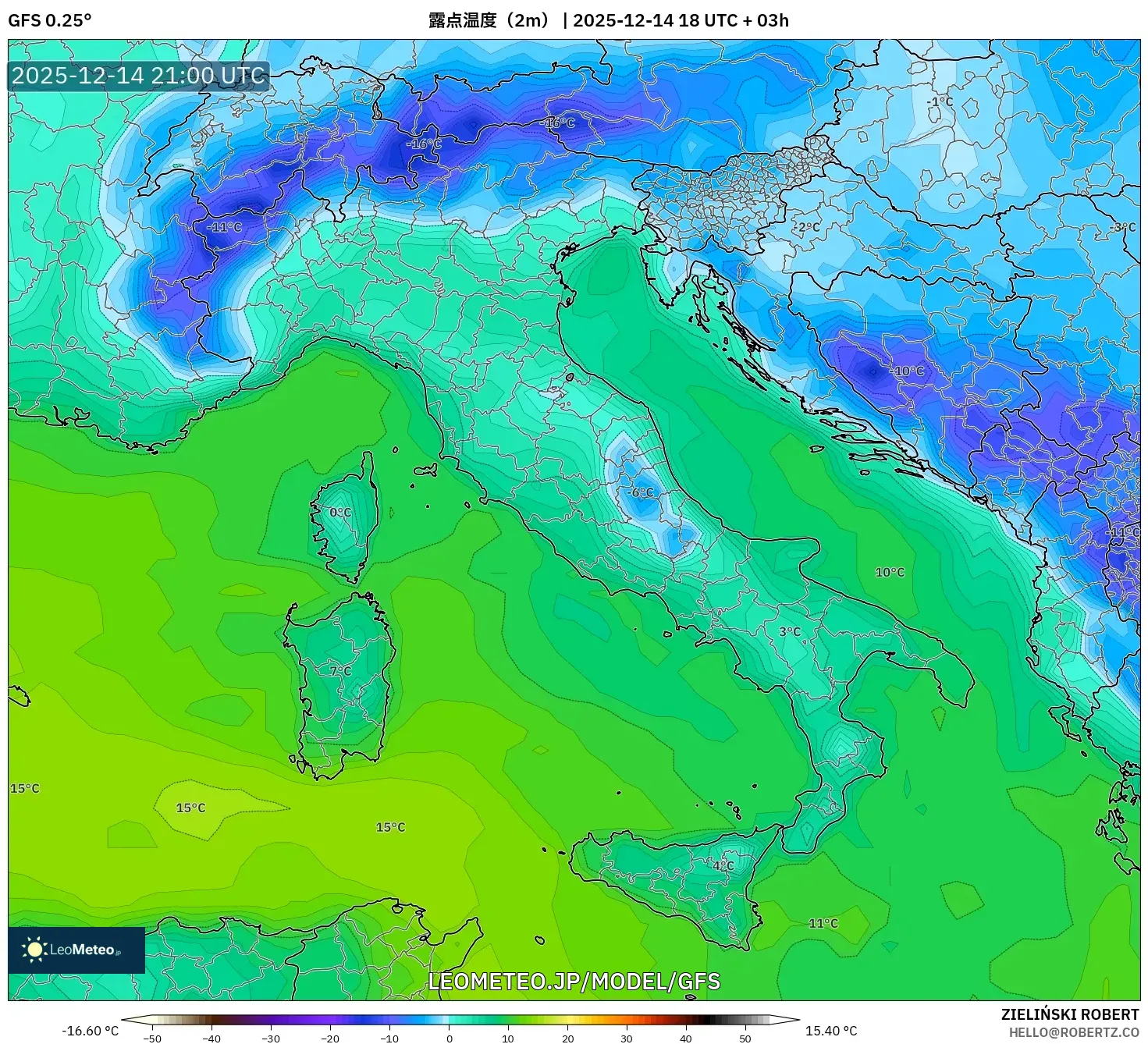 GFS model - イタリア, 露点温度（2m）