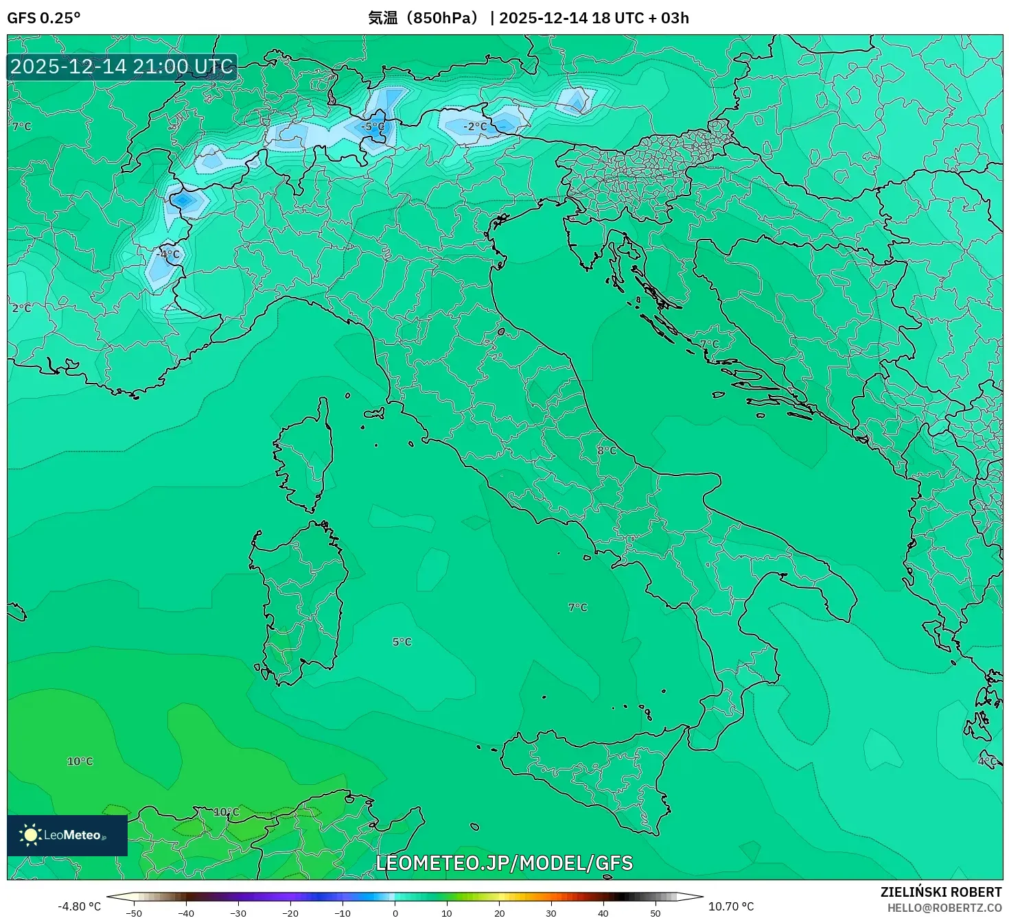 GFS model - イタリア, 気温（850hPa）