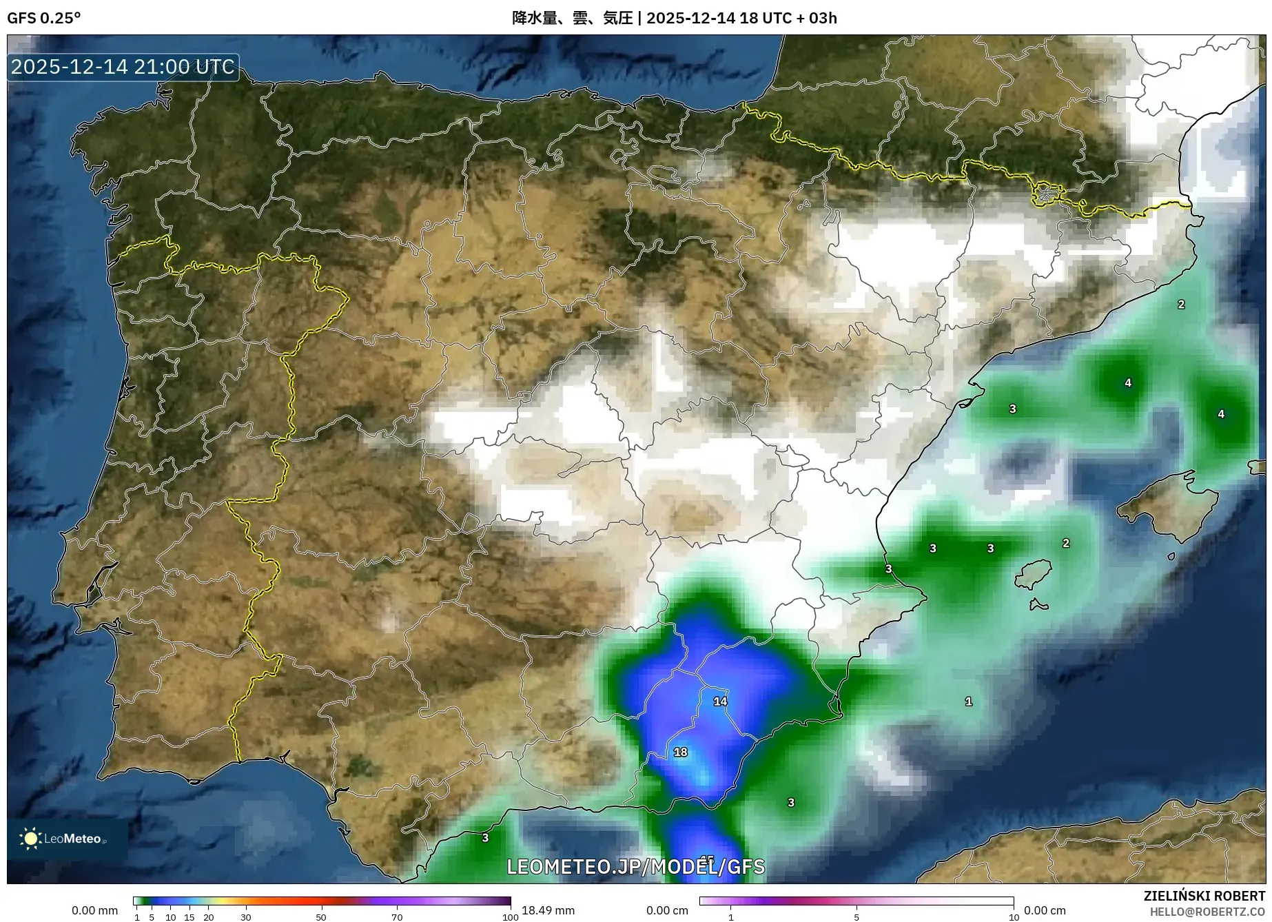 GFS model - スペイン, 降水量、雲、気圧