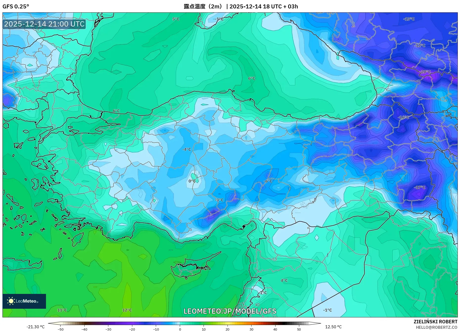GFS model - トルコ, 露点温度（2m）
