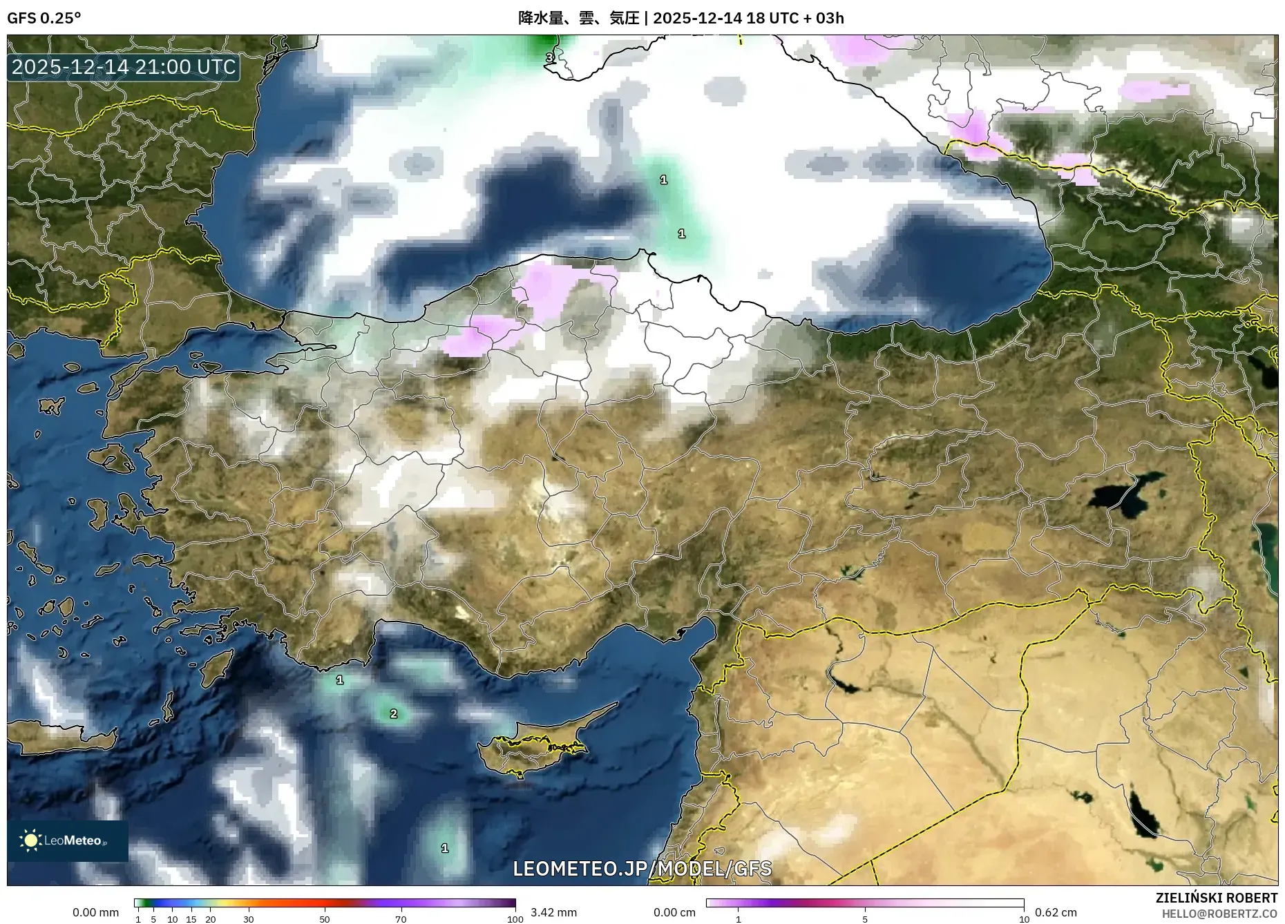 GFS model - トルコ, 降水量、雲、気圧