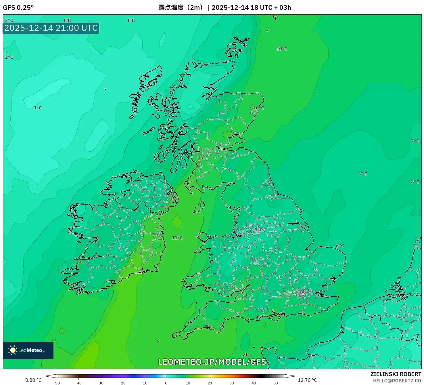 GFS model - イギリス, 露点温度（2m）