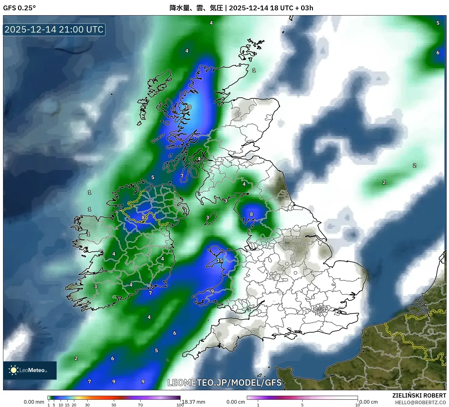 GFS model - イギリス, 降水量、雲、気圧