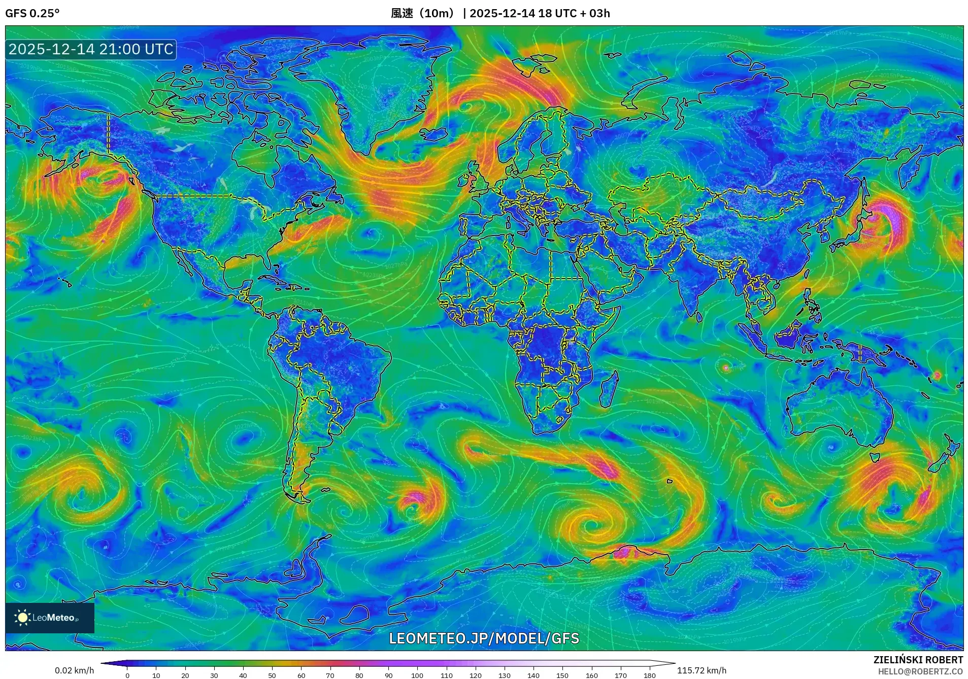 GFS model - 世界, 風速（10m）