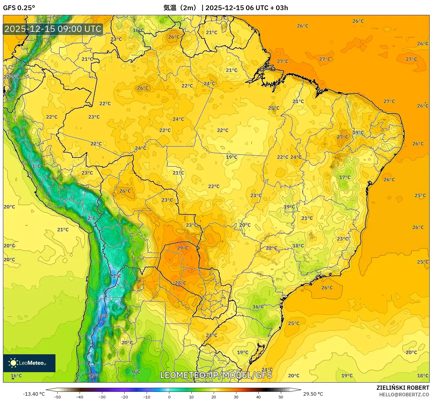 GFS model - ブラジル, 気温（2m）