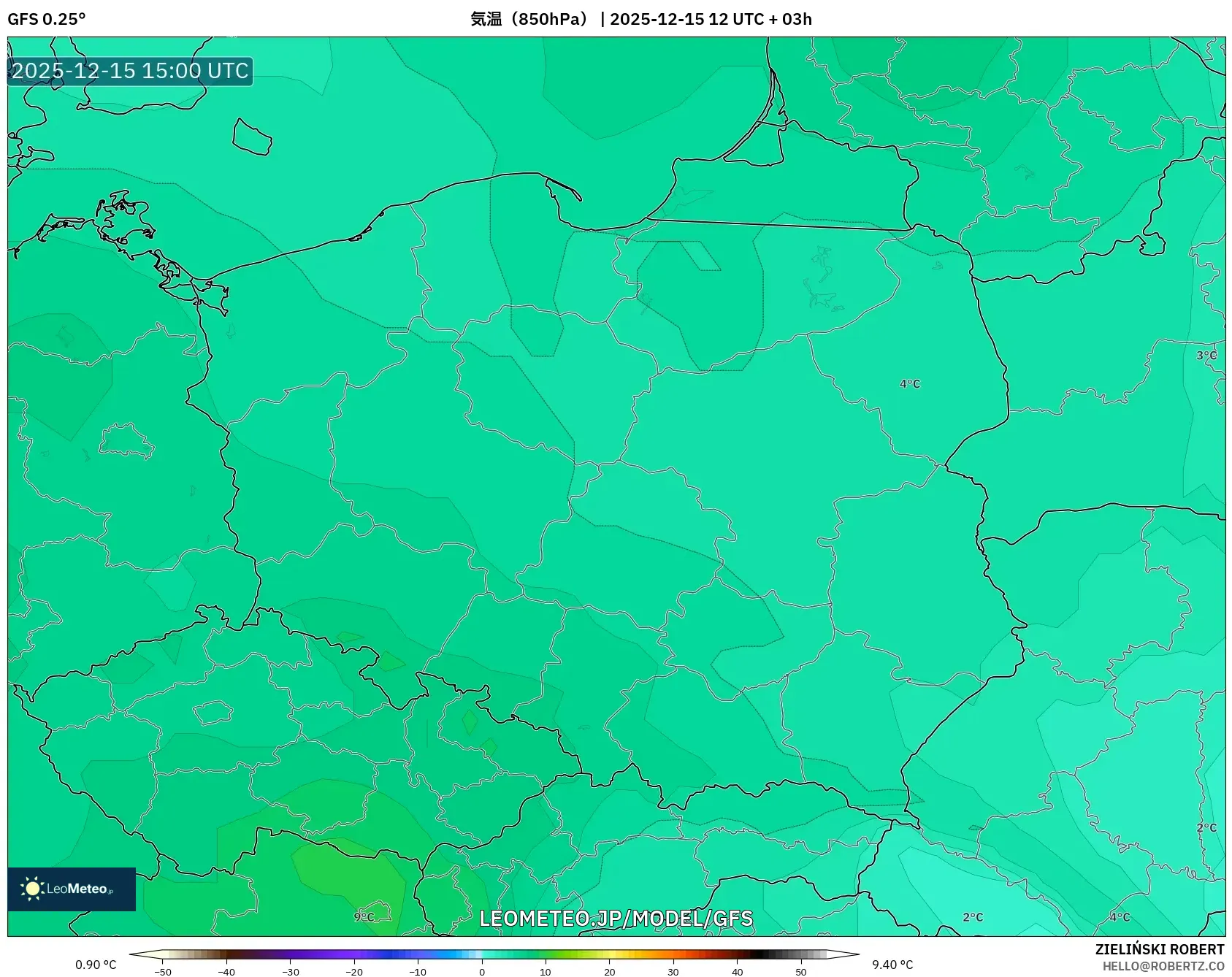 GFS model - ポーランド, 気温（850hPa）