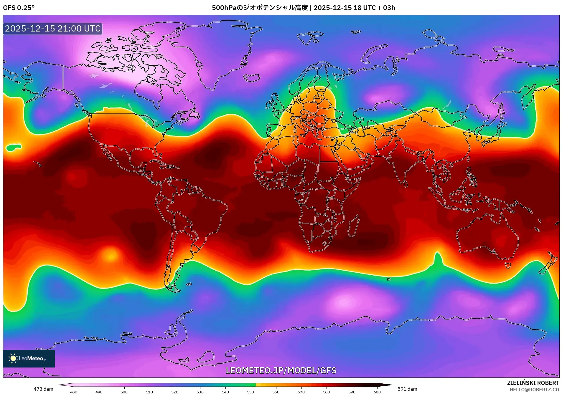 GFS model - 世界, 500hPaのジオポテンシャル高度