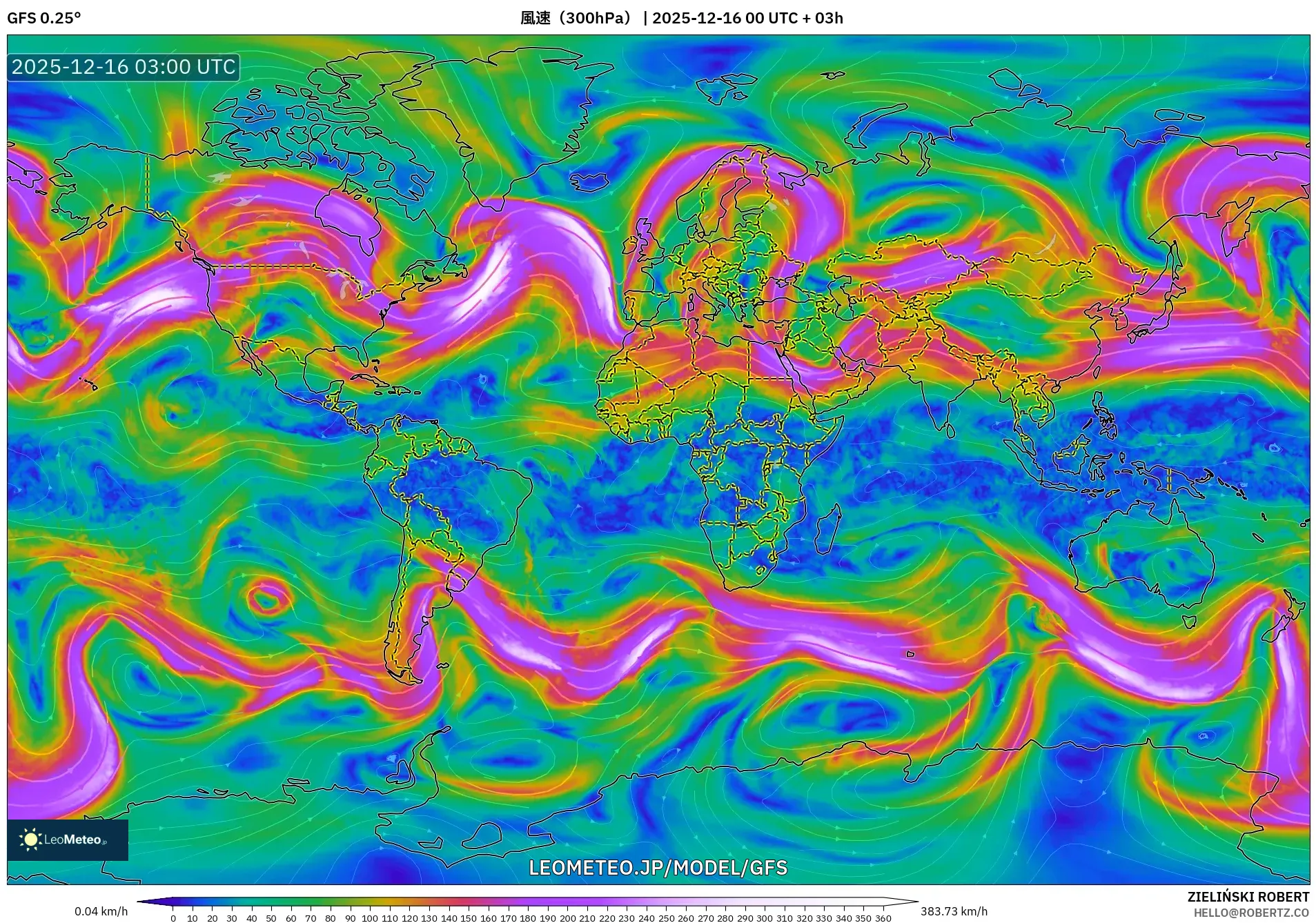 GFS model - 世界, 風速（300hPa）