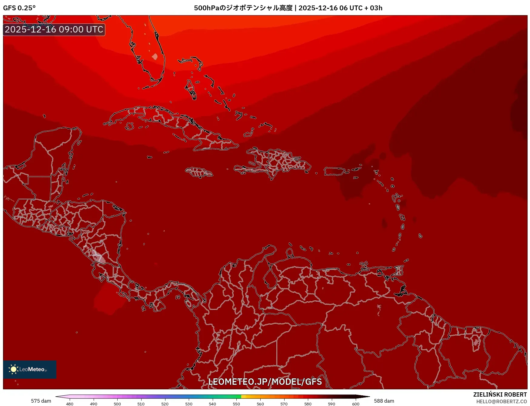GFS model - カリブ海, 500hPaのジオポテンシャル高度