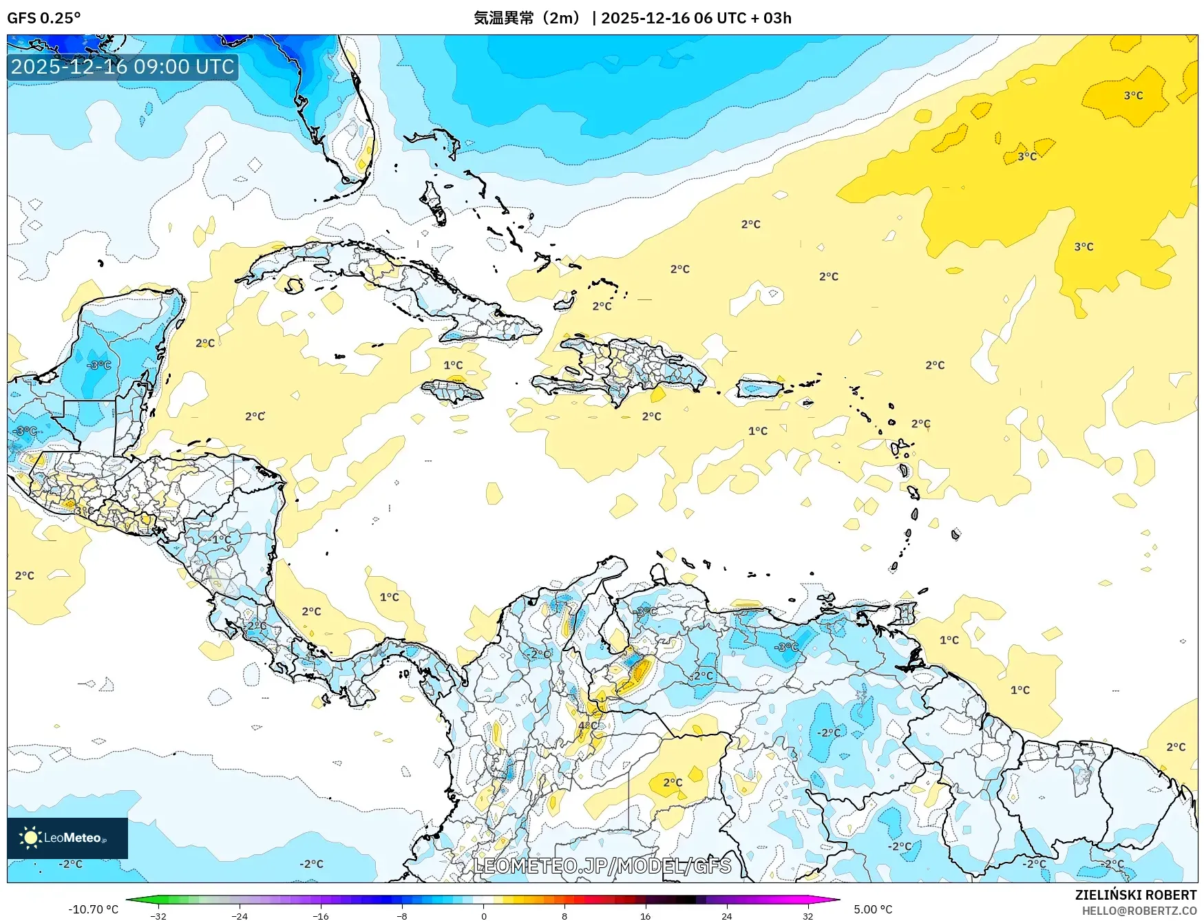 GFS model - カリブ海, 気温異常（2m）