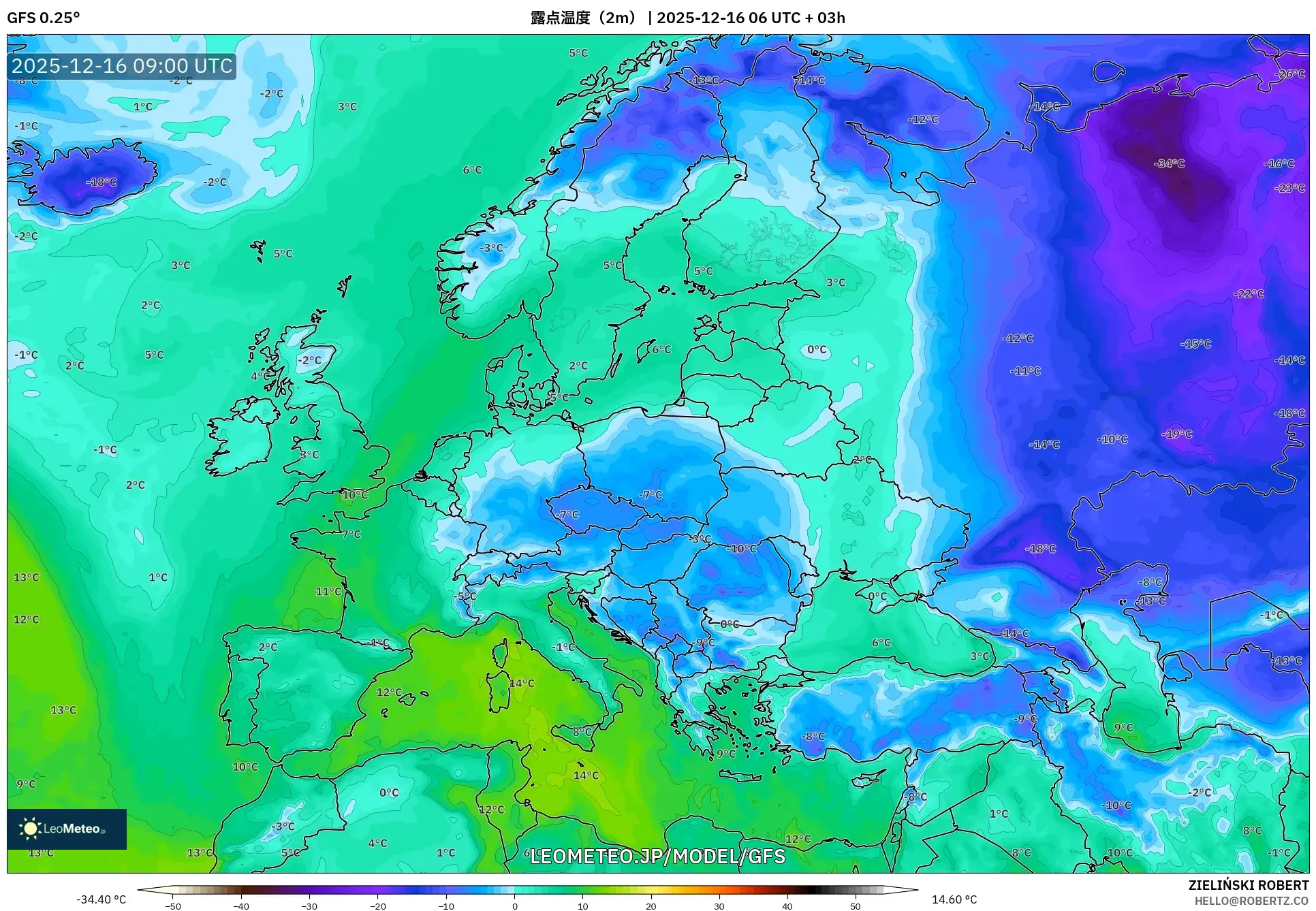 GFS model - ヨーロッパ, 露点温度（2m）