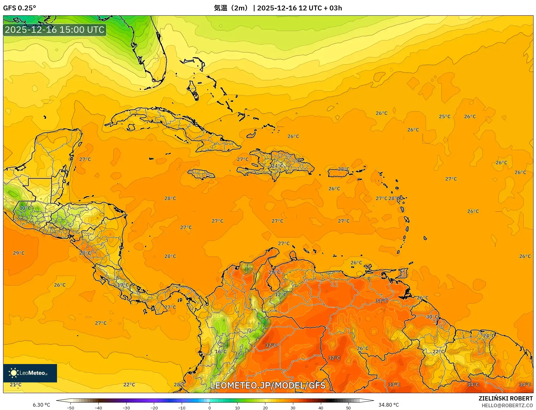 GFS model - カリブ海, 気温（2m）