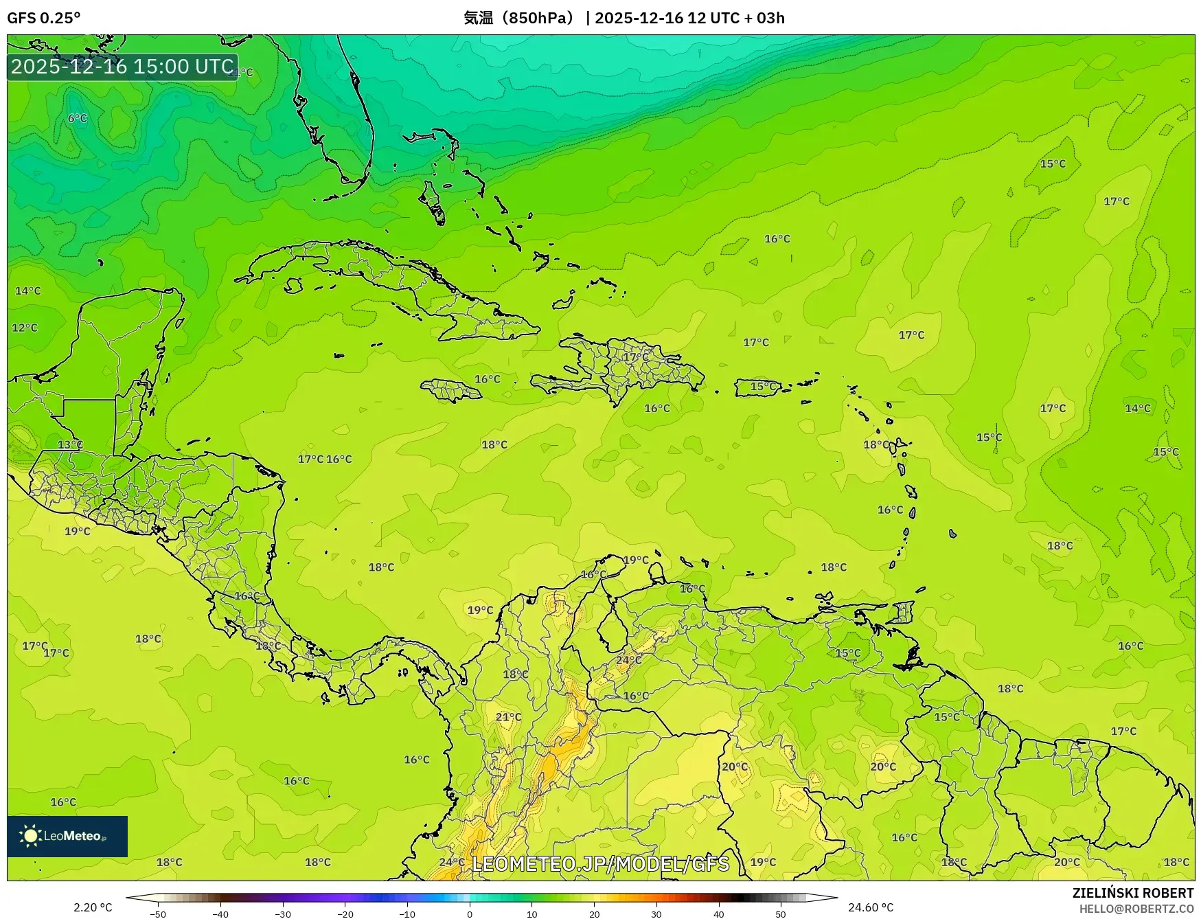 GFS model - カリブ海, 気温（850hPa）