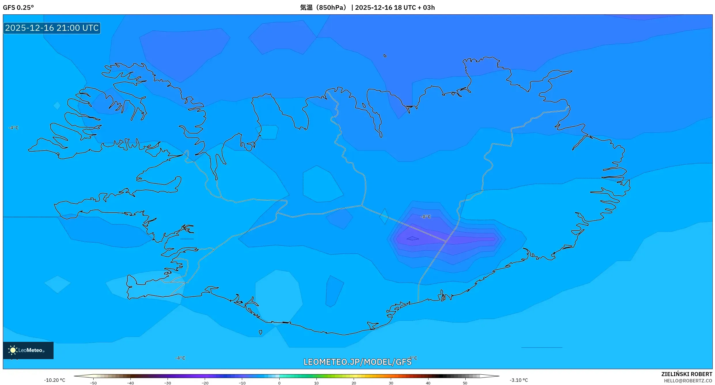 GFS model - アイスランド, 気温（850hPa）