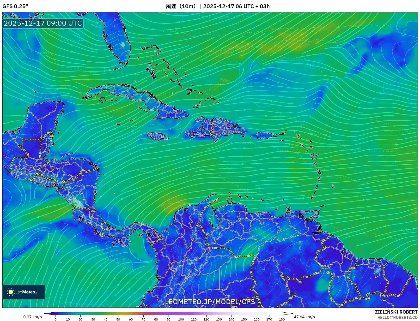 GFS model - カリブ海, 風速（10m）