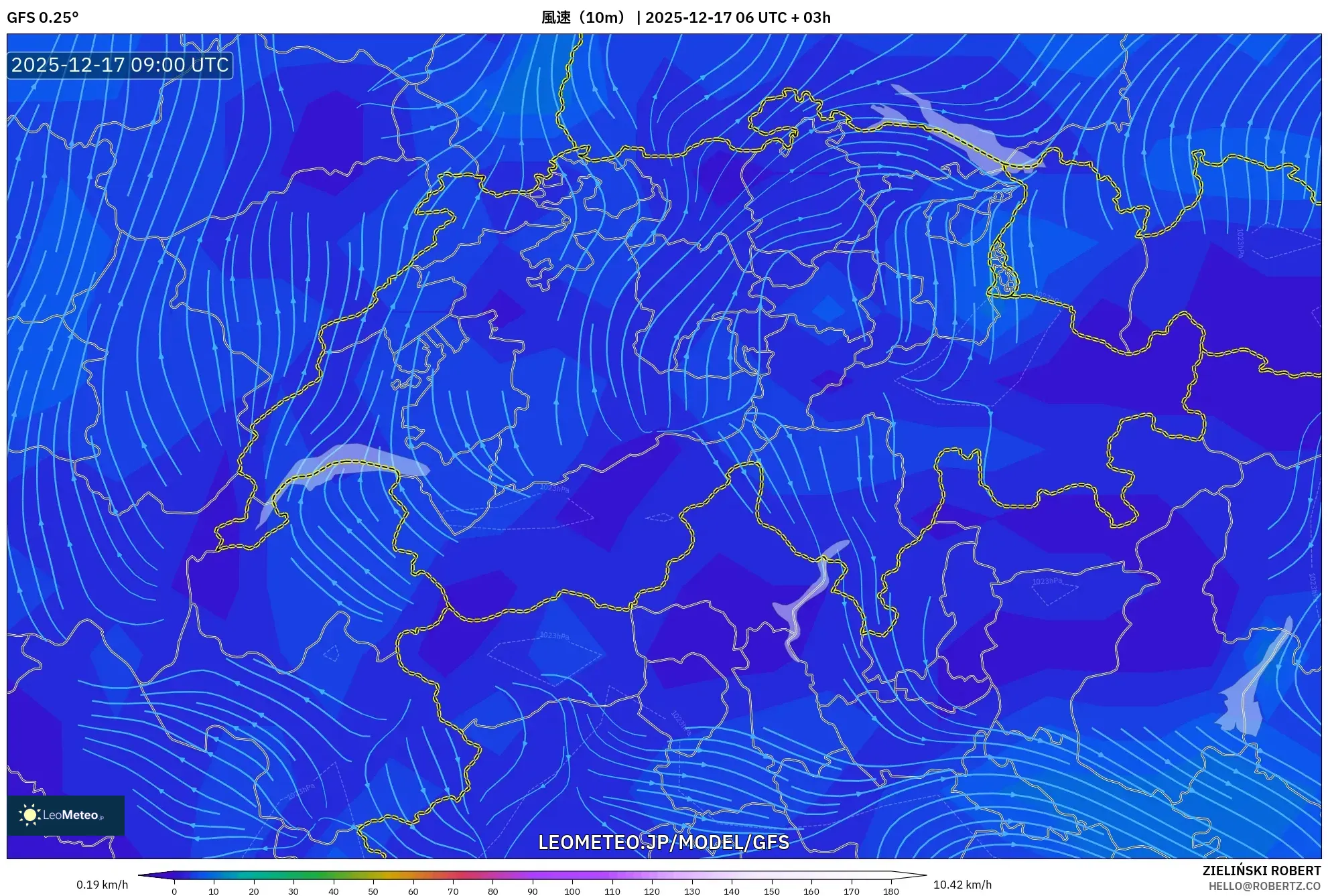 GFS model - スイス, 風速（10m）