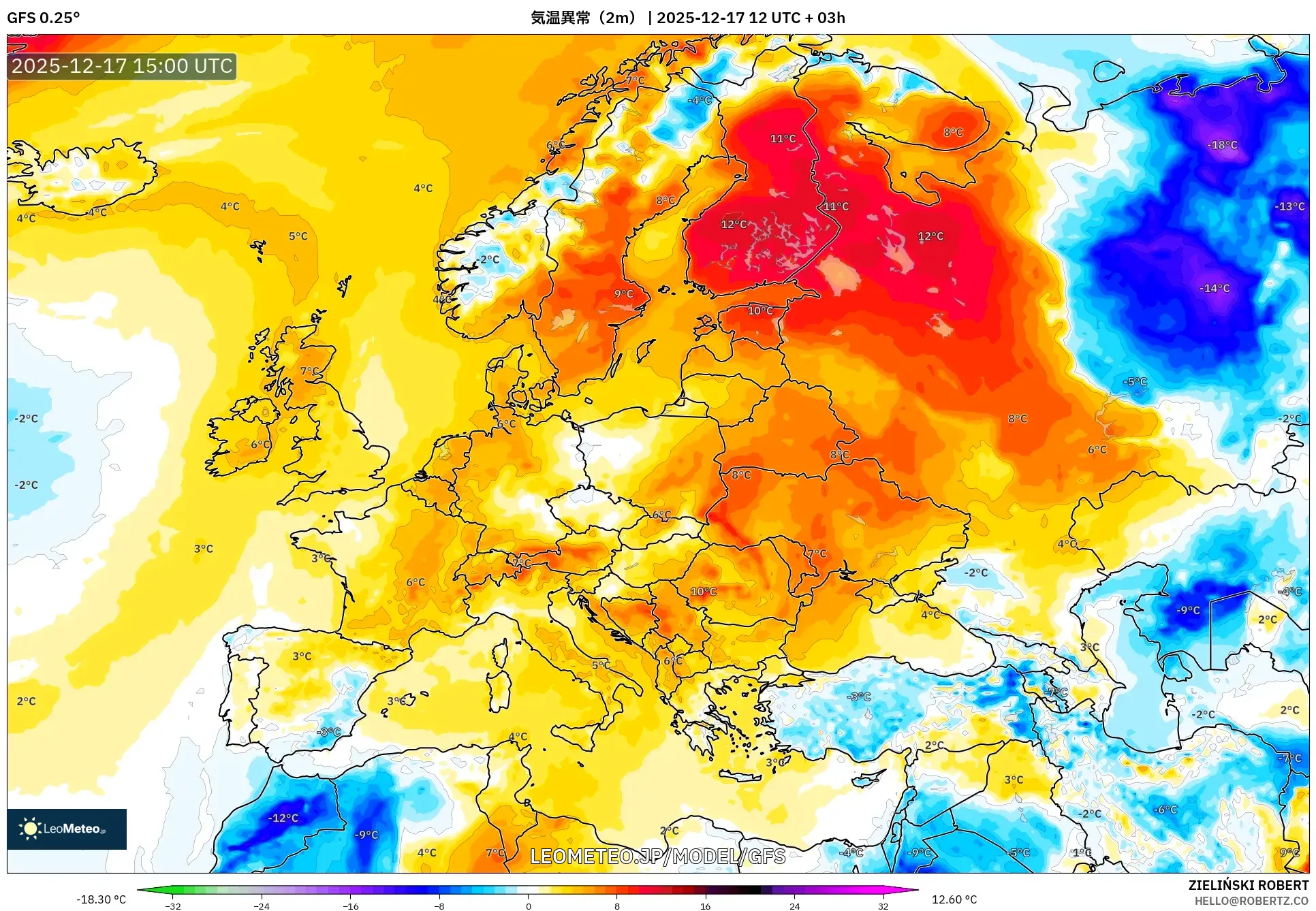 GFS model - ヨーロッパ, 気温異常（2m）