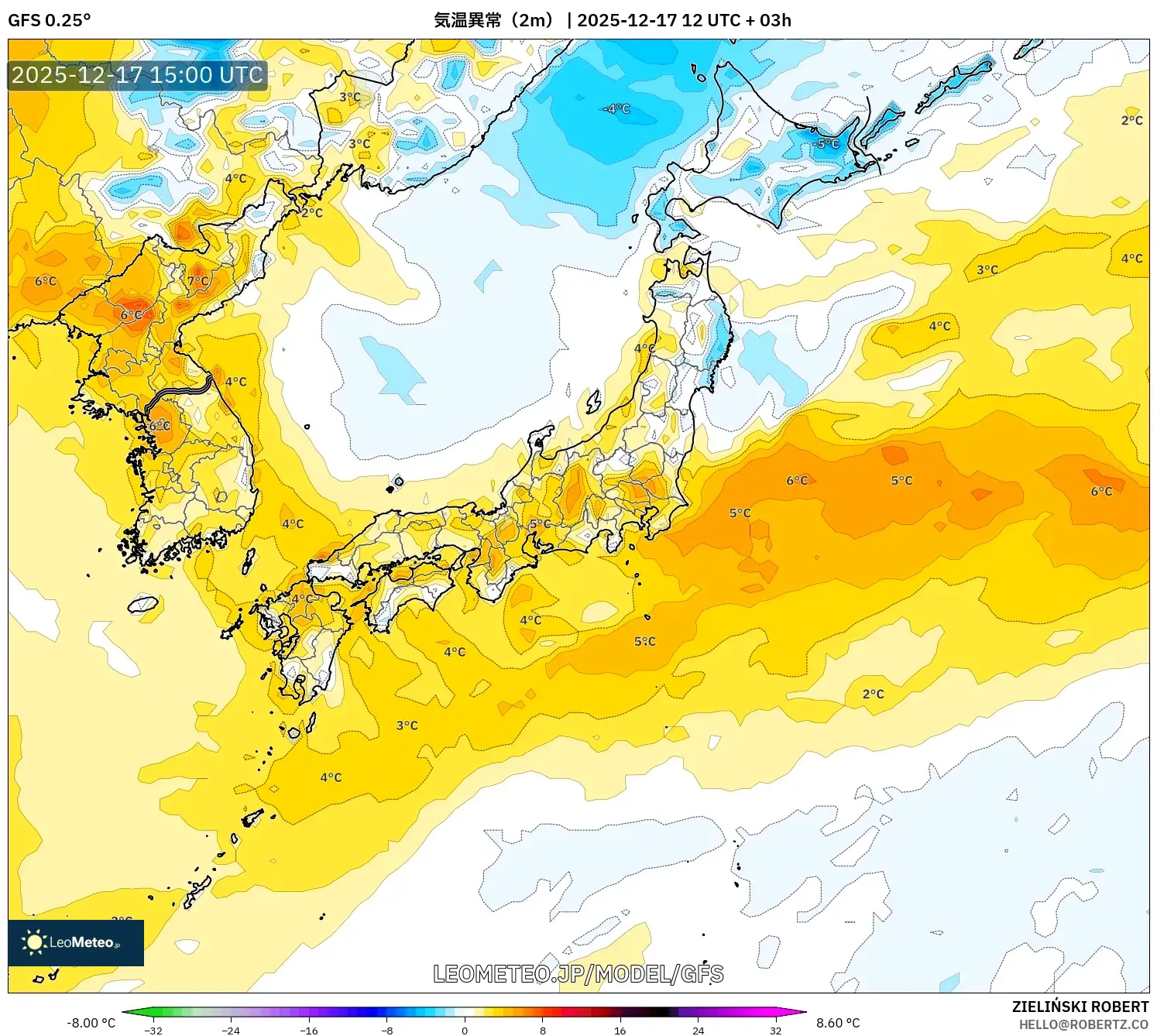 GFS model - 日本, 気温異常（2m）