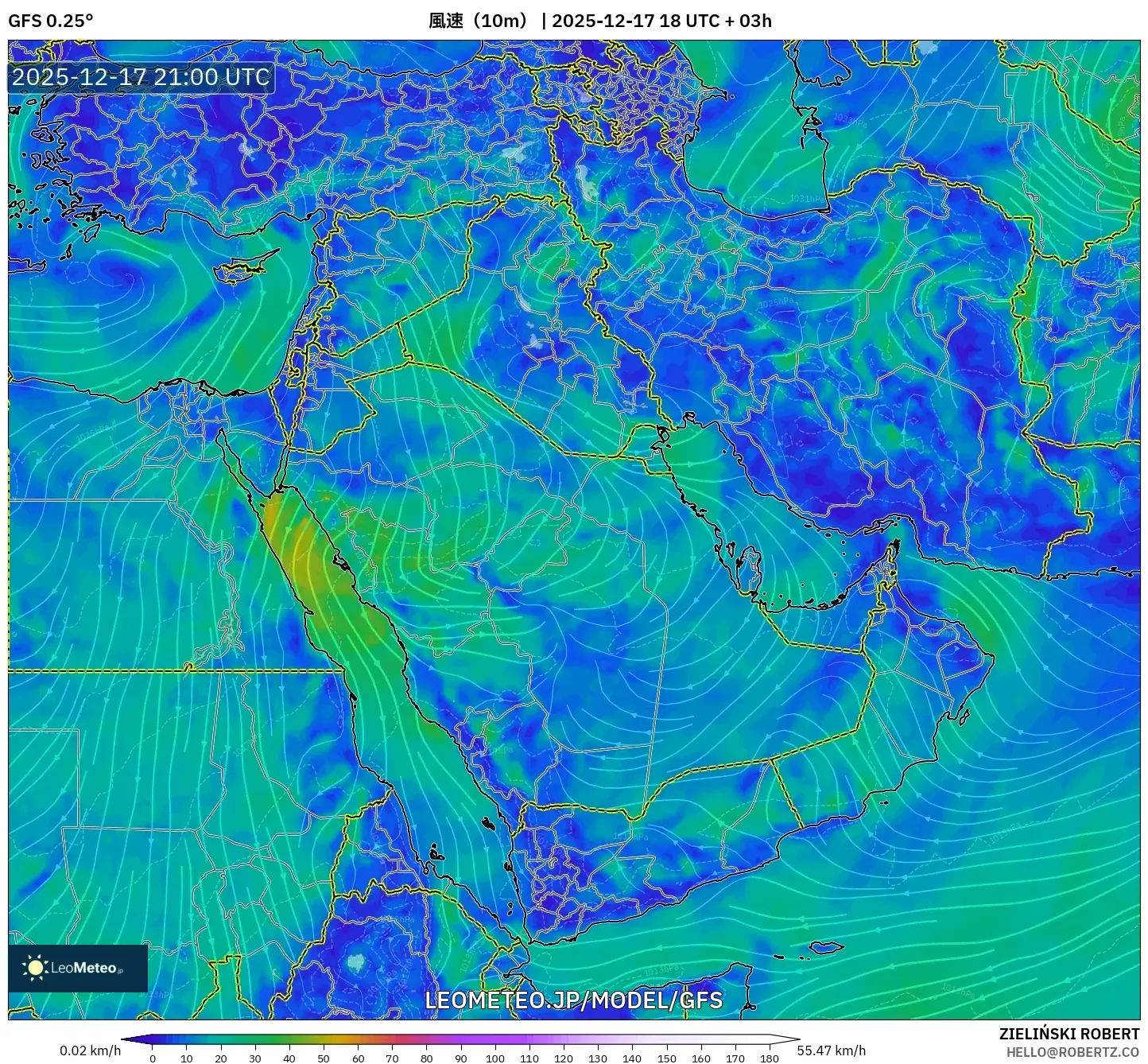 GFS model - 中東, 風速（10m）