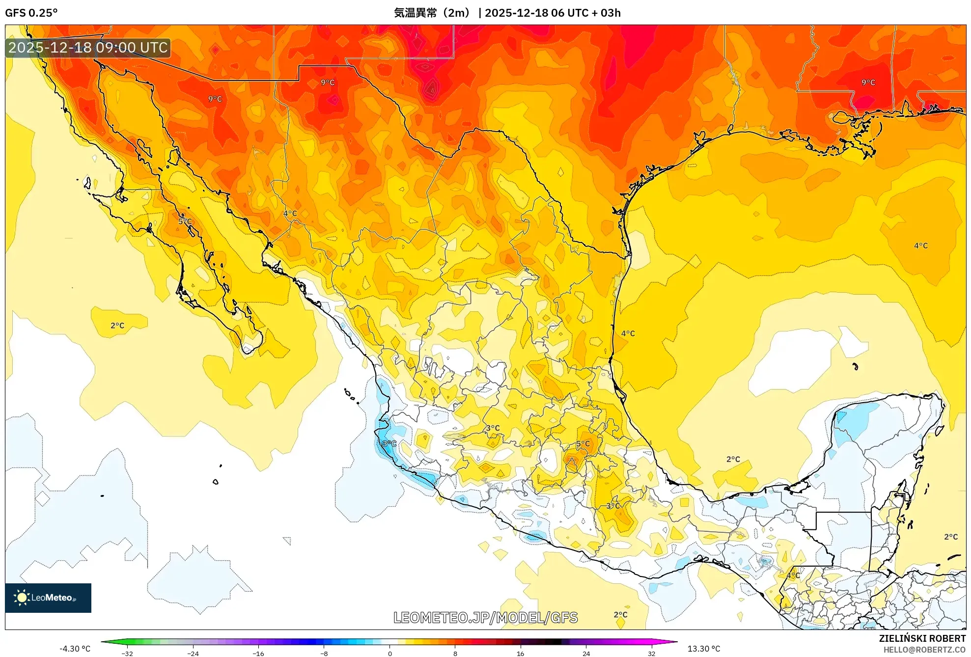 GFS model - メキシコ, 気温異常（2m）