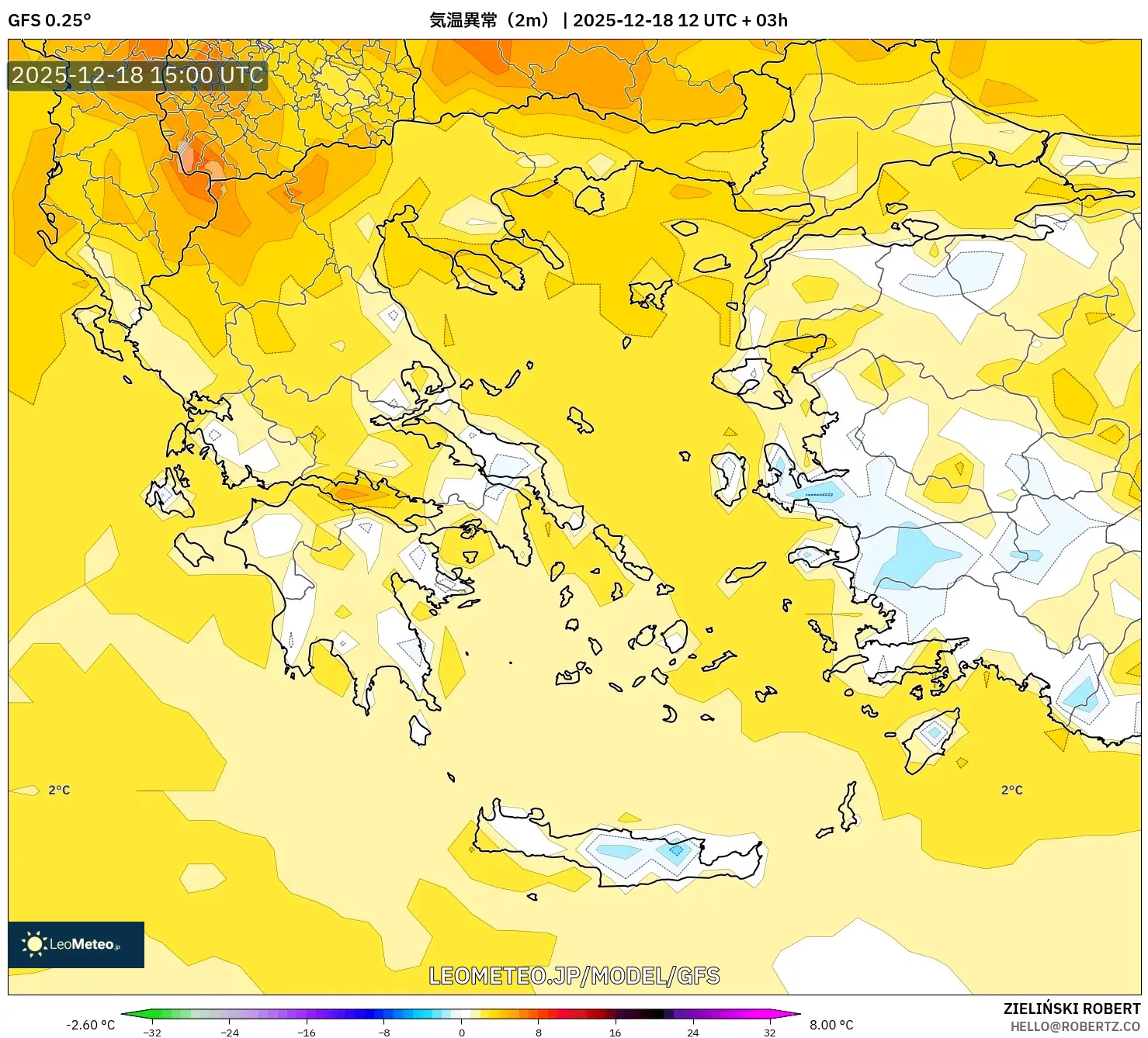 GFS model - ギリシャ, 気温異常（2m）