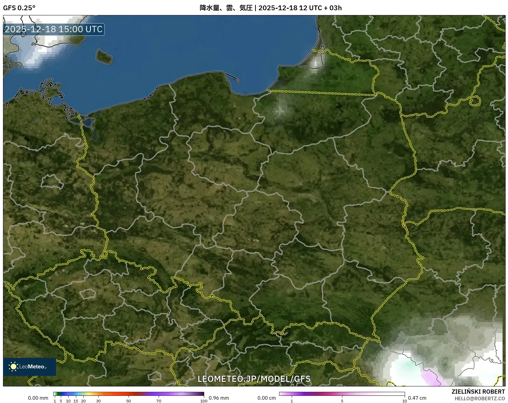 GFS model - ポーランド, 降水量、雲、気圧