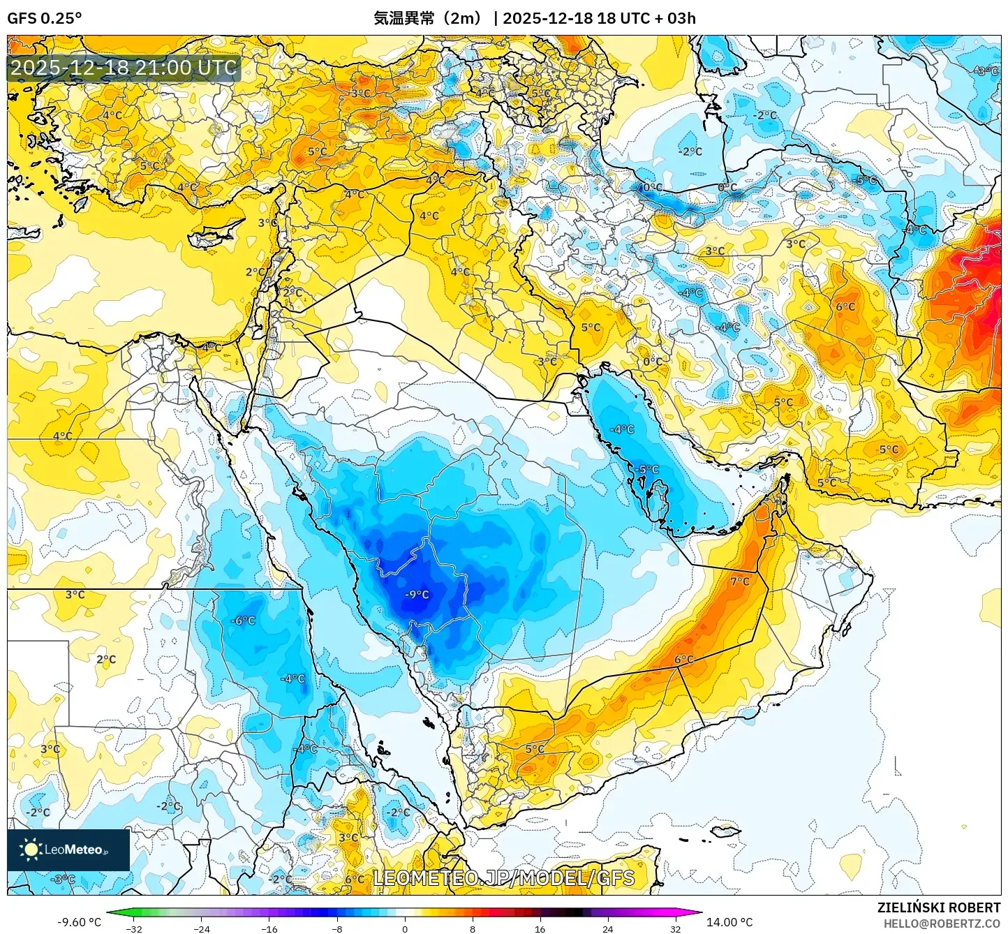 GFS model - 中東, 気温異常（2m）