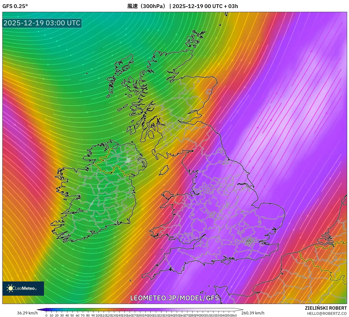 GFS model - イギリス, 風速（300hPa）