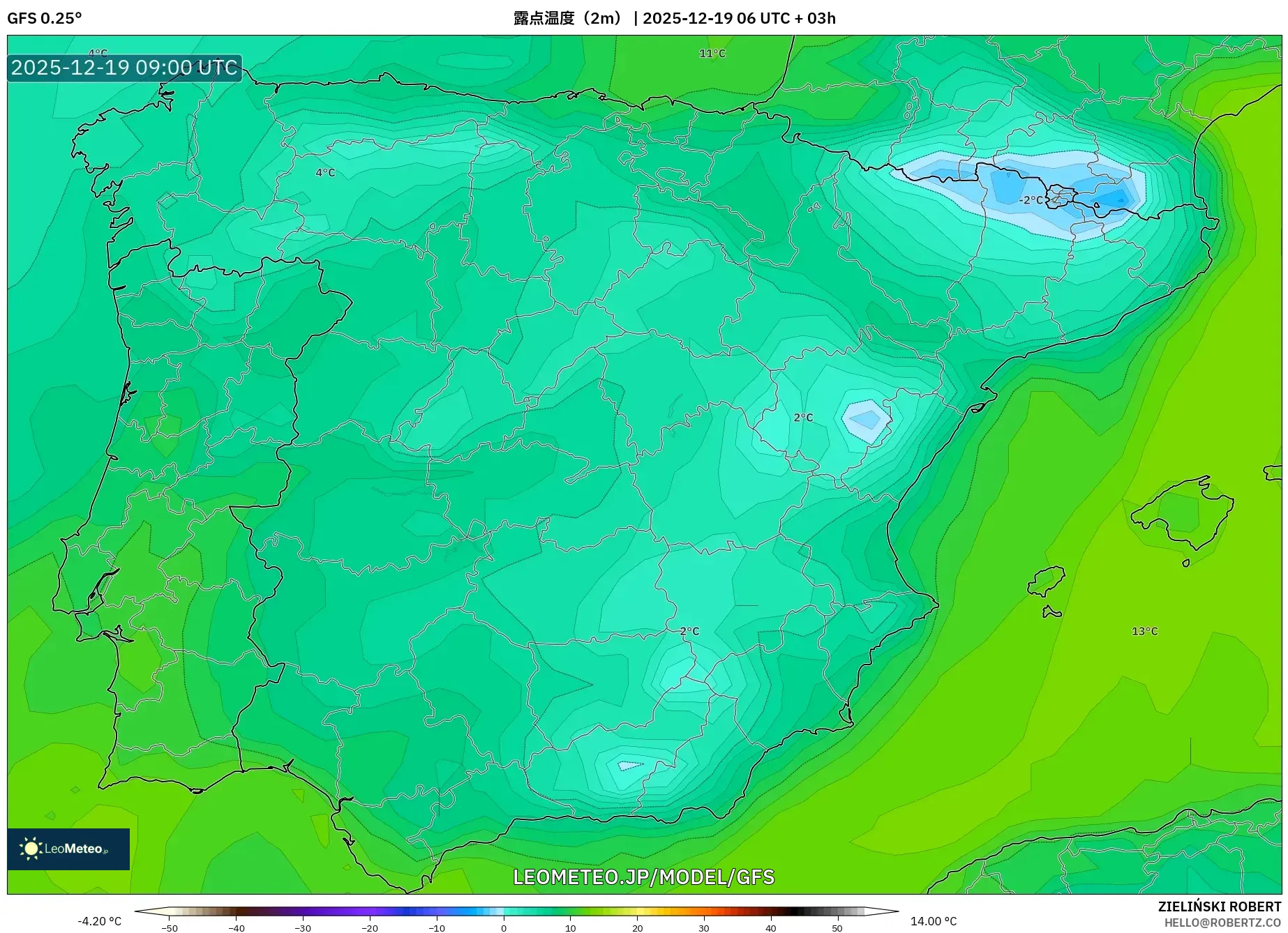 GFS model - スペイン, 露点温度（2m）