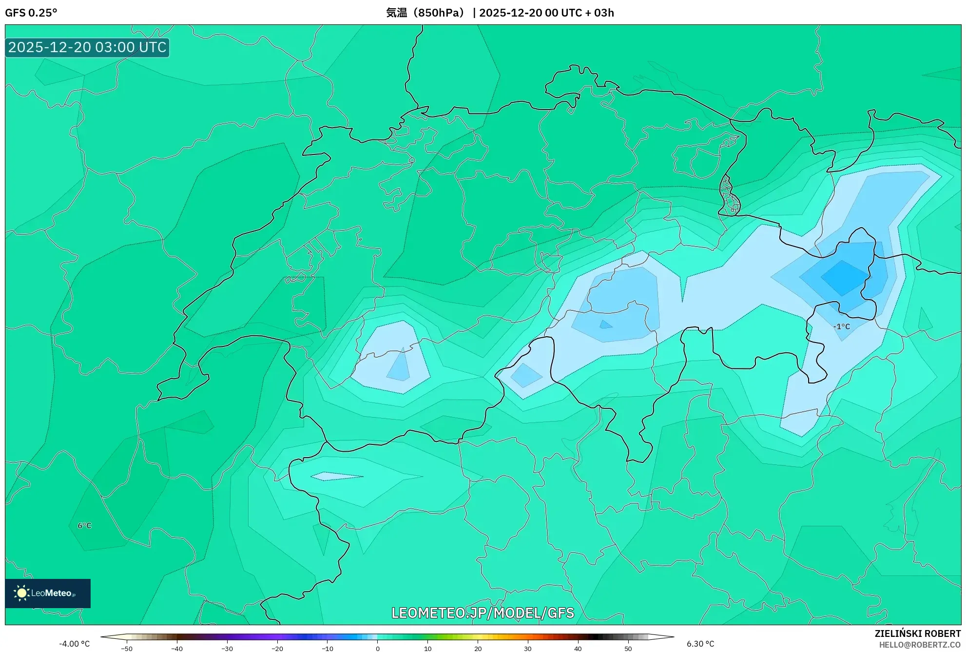GFS model - スイス, 気温（850hPa）