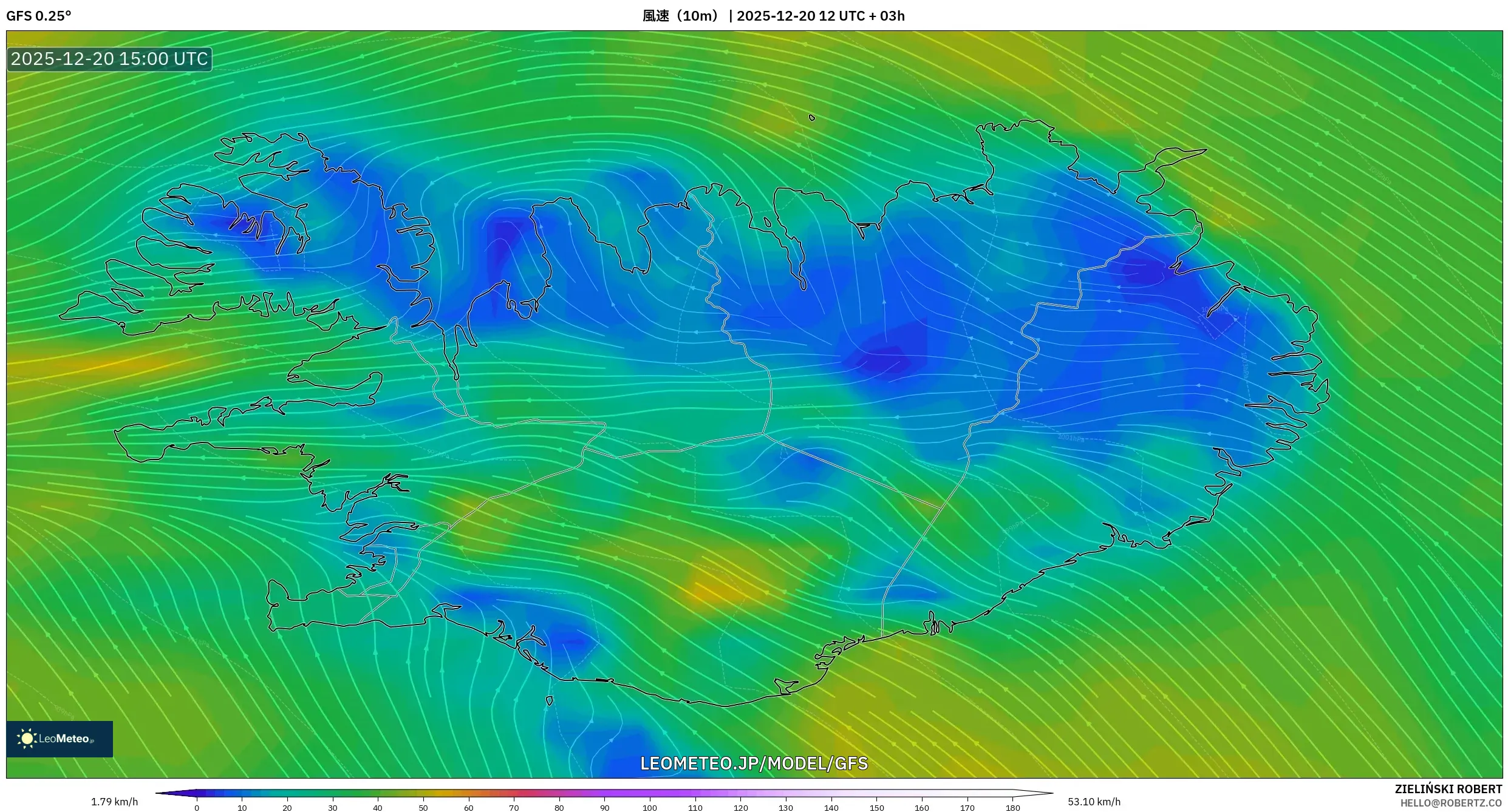 GFS model - アイスランド, 風速（10m）