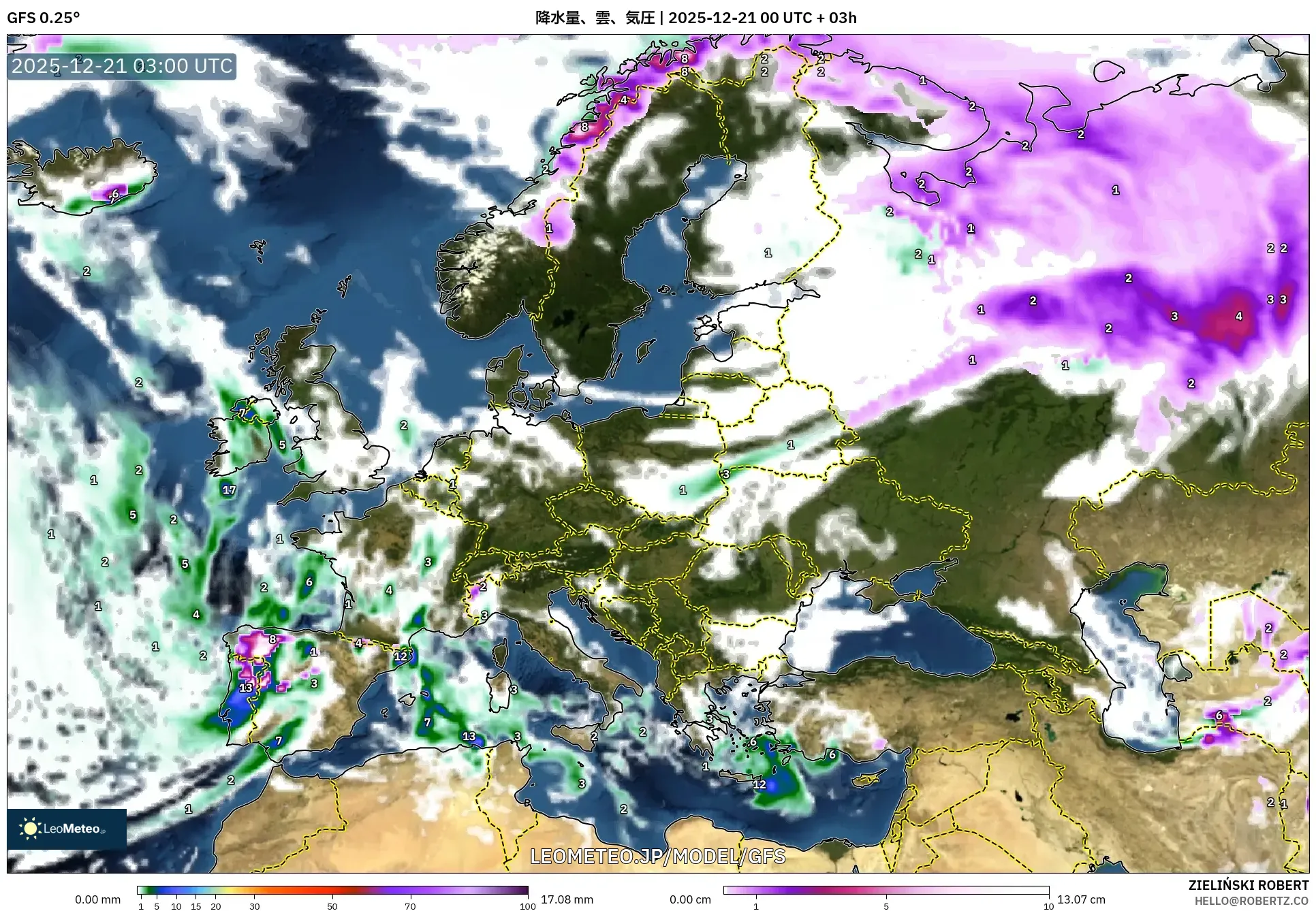 GFS model - ヨーロッパ, 降水量、雲、気圧