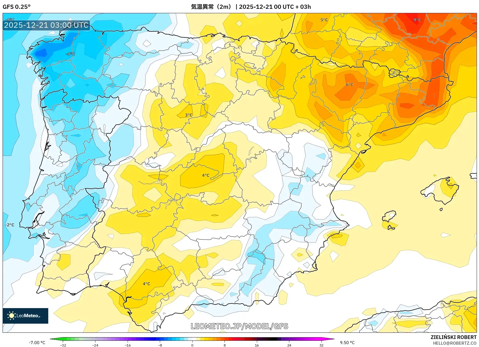 GFS model - スペイン, 気温異常（2m）