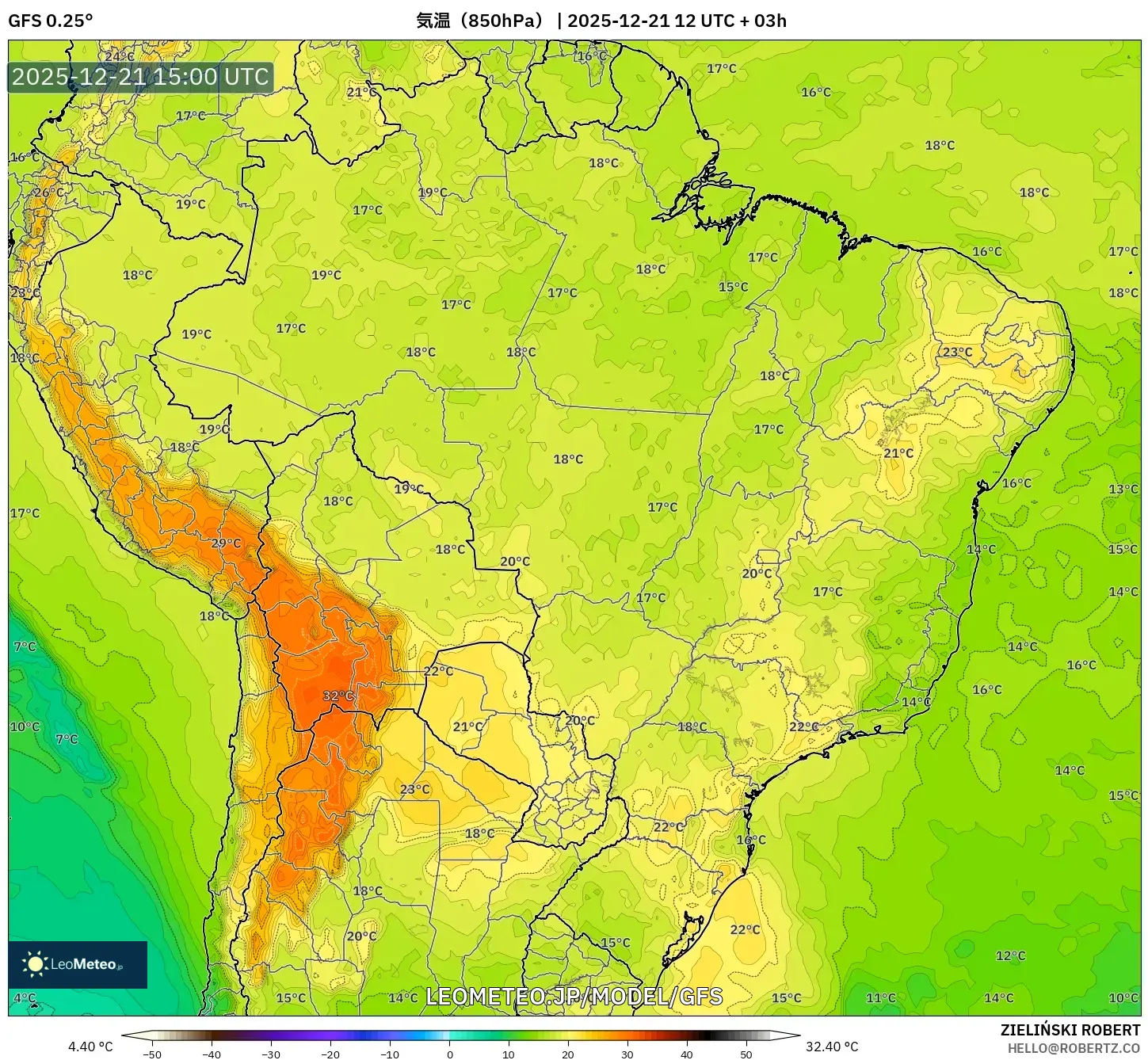 GFS model - ブラジル, 気温（850hPa）