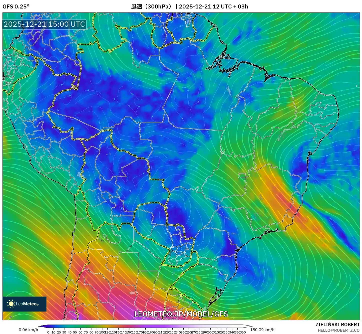 GFS model - ブラジル, 風速（300hPa）