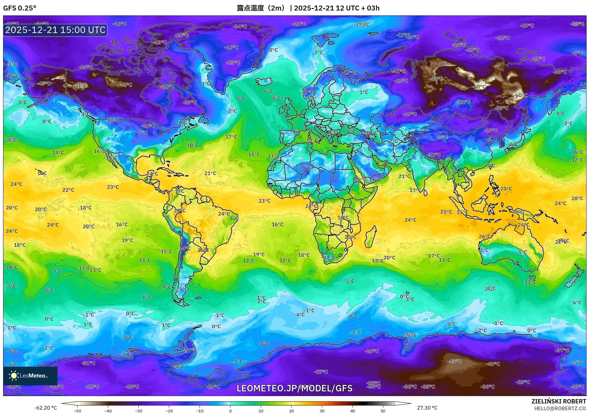 GFS model - 世界, 露点温度（2m）