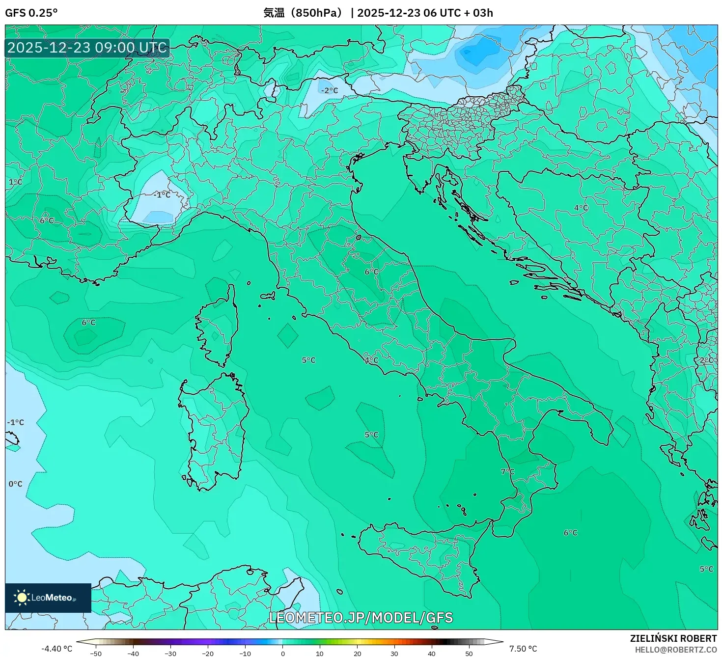 GFS model - イタリア, 気温（850hPa）