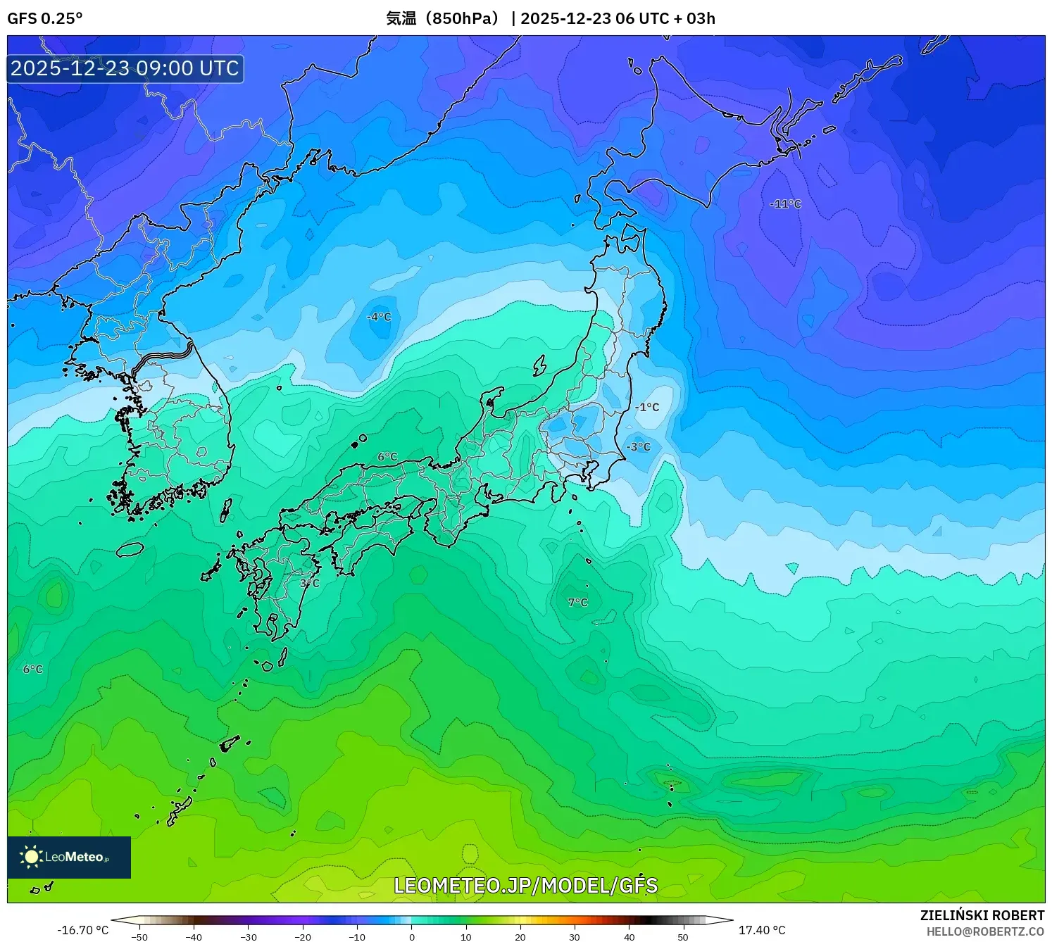 GFS model - 日本, 気温（850hPa）